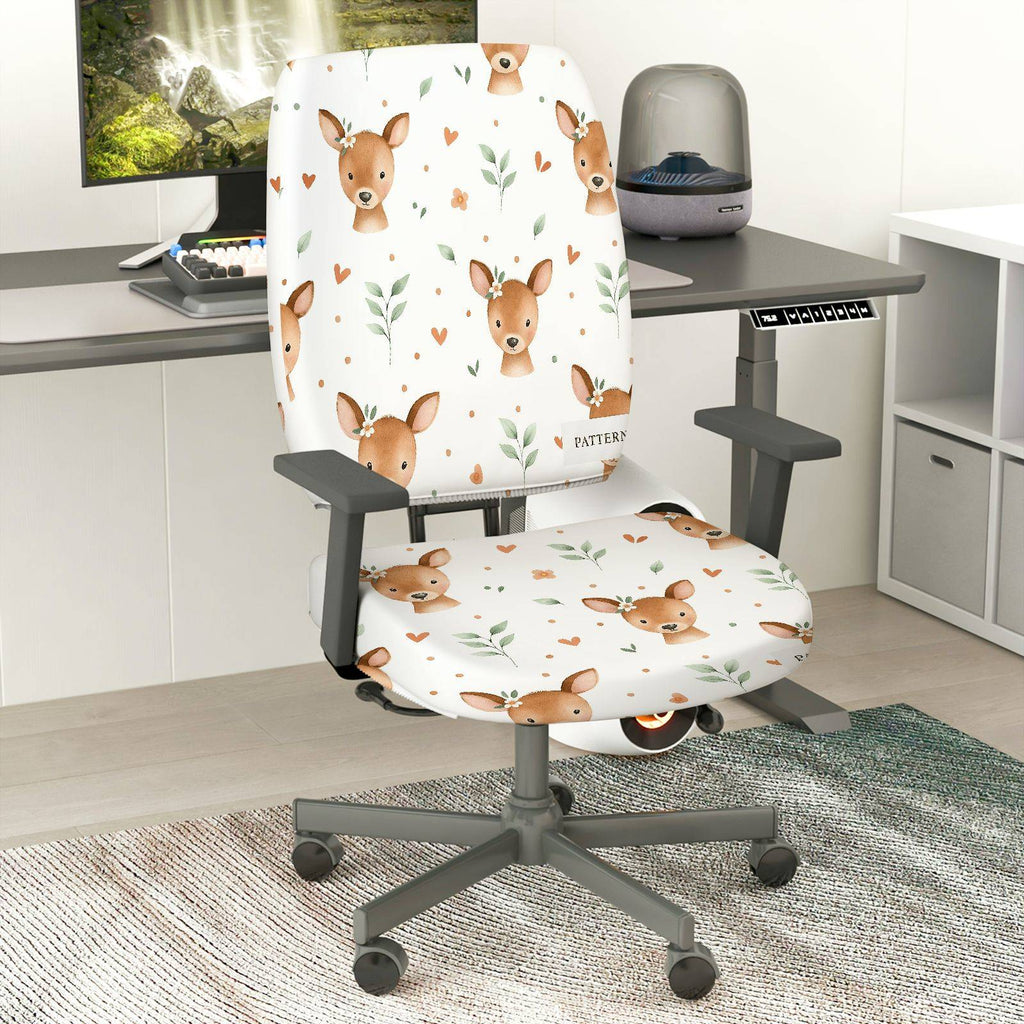 2-Piece Cute Deer Pattern Printed Heart Floral  Computer Chair Cover Set, Seat and Backrest