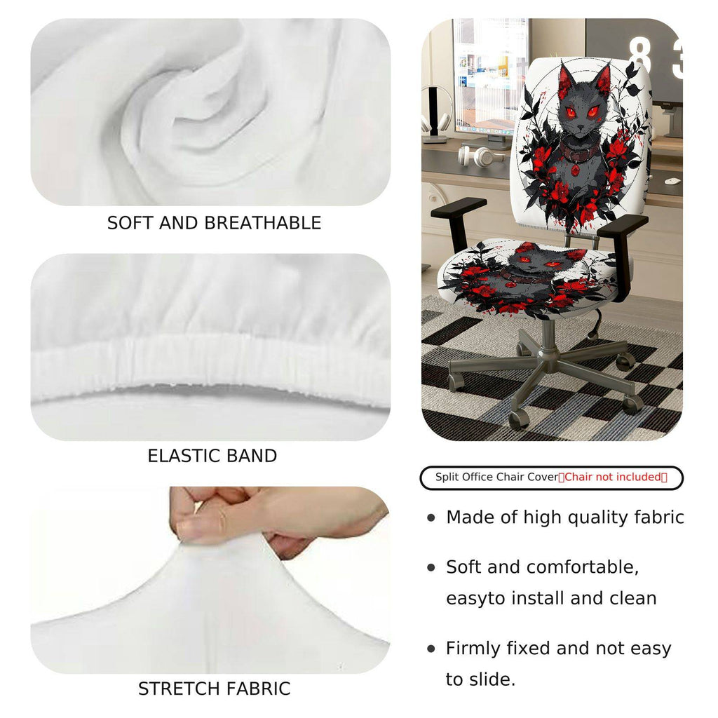 2-Piece Gothic Cat Floral Artistic Red Black  Computer Chair Cover Set, Seat and Backrest