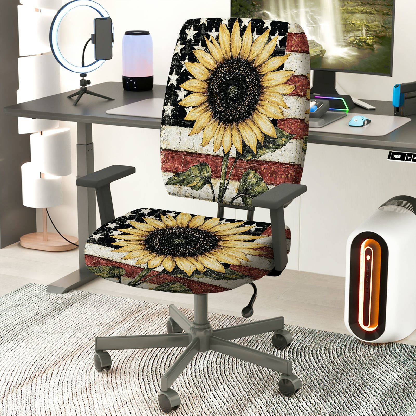 2-Piece Sunflower American Flag Vintage Patriotic Rustic Theme  Computer Chair Cover Set, Seat and Backrest