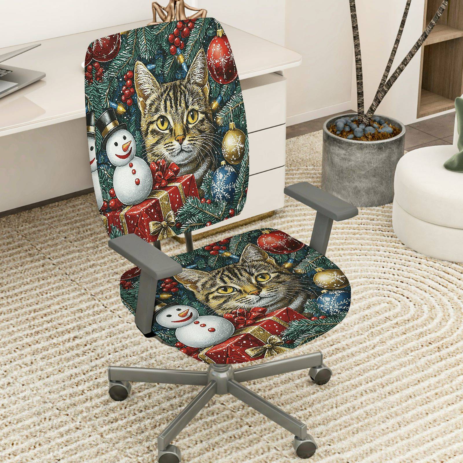 2-Piece Christmas Cat Snowman Present Decorative Holiday  Computer Chair Cover Set, Seat and Backrest