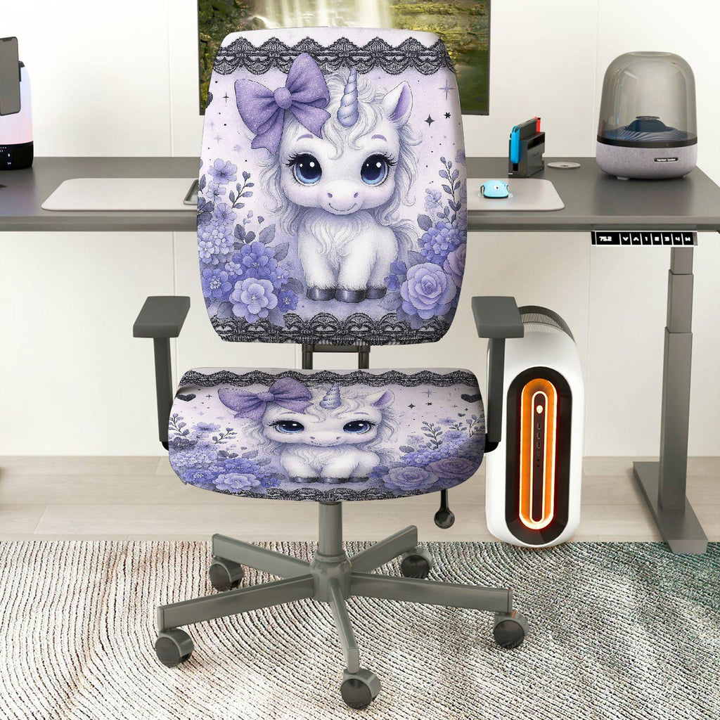 2-Piece Unicorn Floral Cute Purple Fantasy  Computer Chair Cover Set, Seat and Backrest