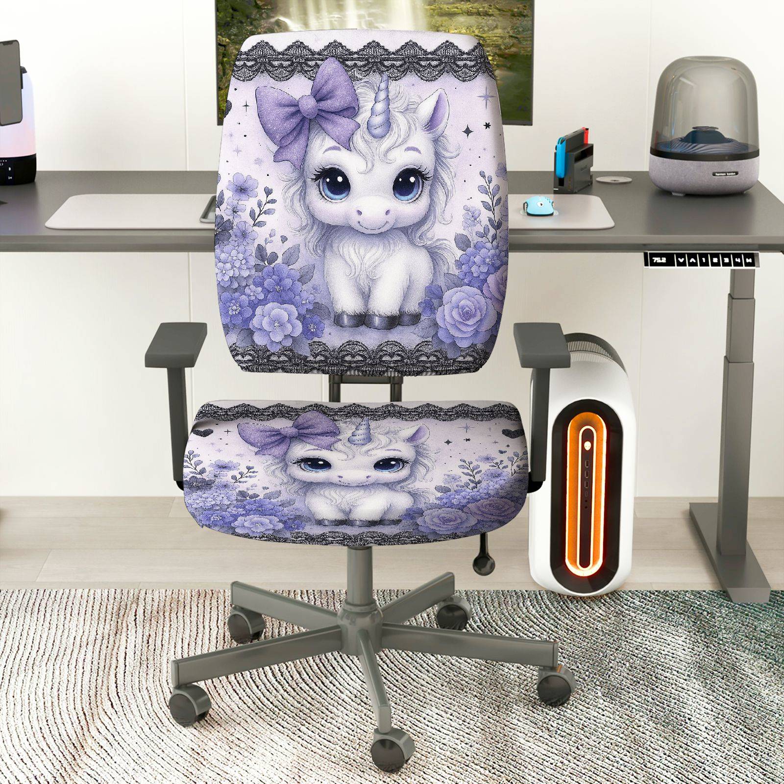 2-Piece Unicorn Floral Cute Purple Fantasy  Computer Chair Cover Set, Seat and Backrest