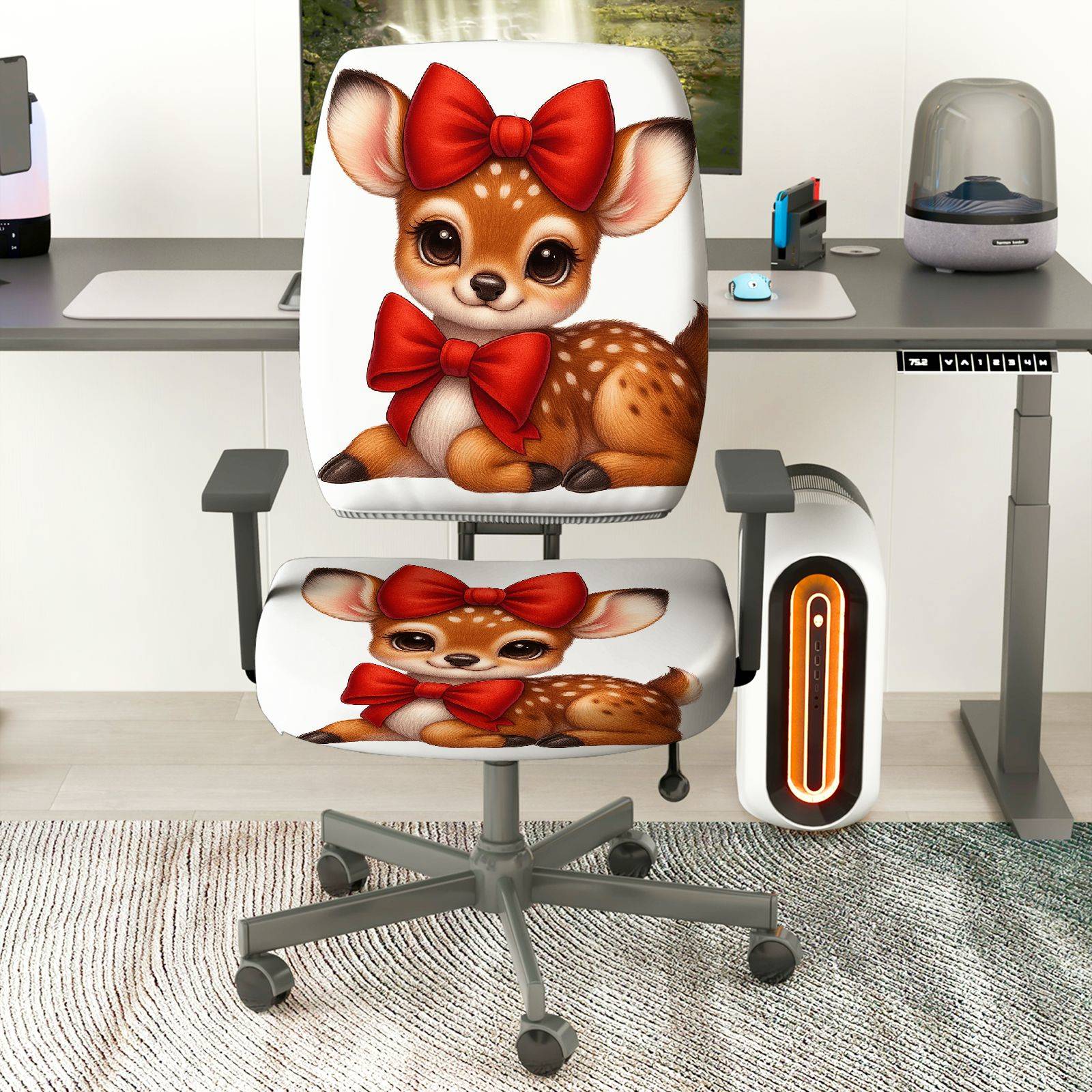 2-Piece Deer Red Bow Christmas  Computer Chair Cover Set, Seat and Backrest