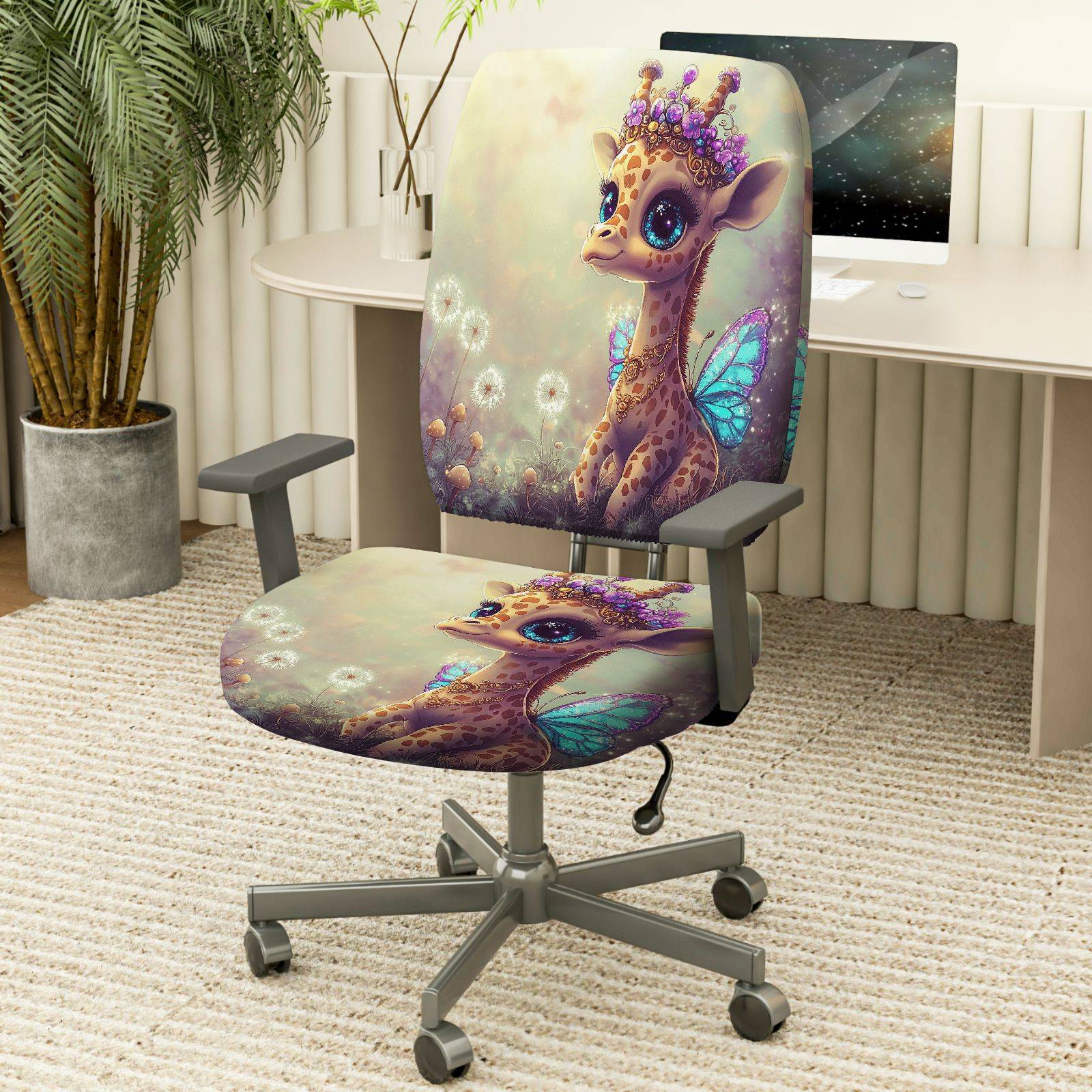 2-Piece Adorable Giraffe Fairy Crown Dandelion Purple  Computer Chair Cover Set, Seat and Backrest
