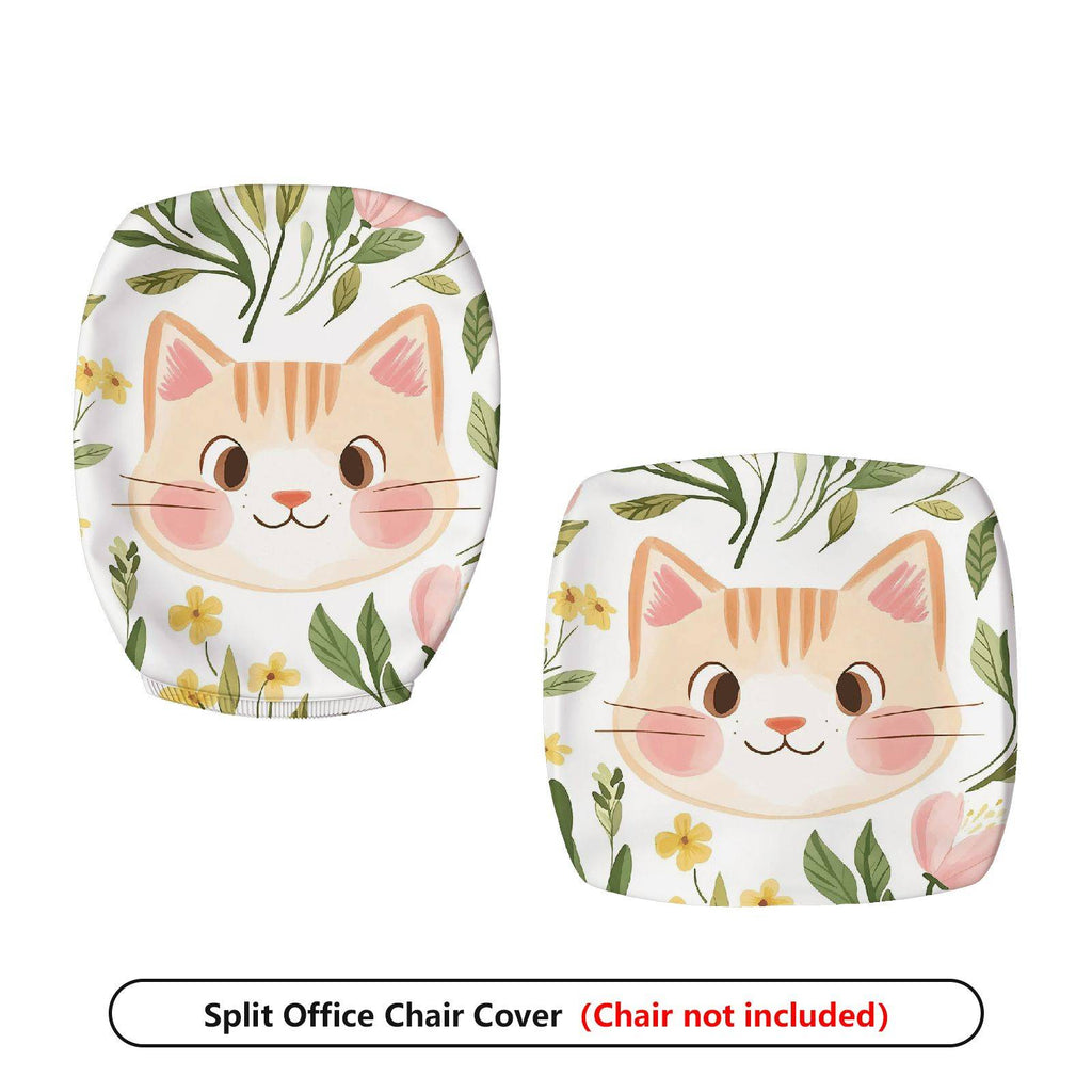 2-Piece Cat Floral Green Yellow  Computer Chair Cover Set, Seat and Backrest
