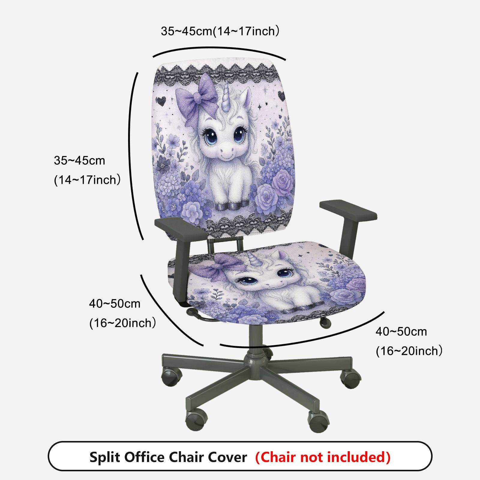 2-Piece Unicorn Floral Cute Purple Fantasy  Computer Chair Cover Set, Seat and Backrest