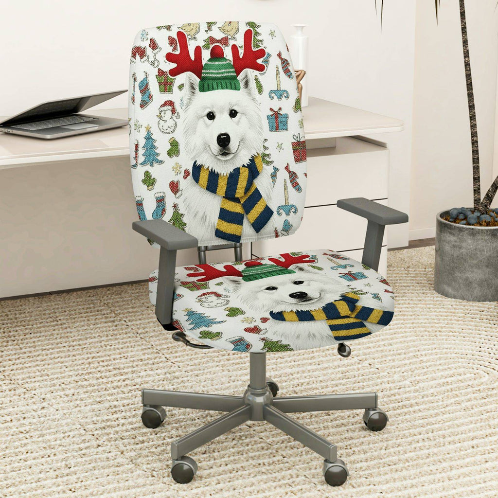 2-Piece Christmas Reindeer Dog Winter Holiday Snow  Computer Chair Cover Set, Seat and Backrest
