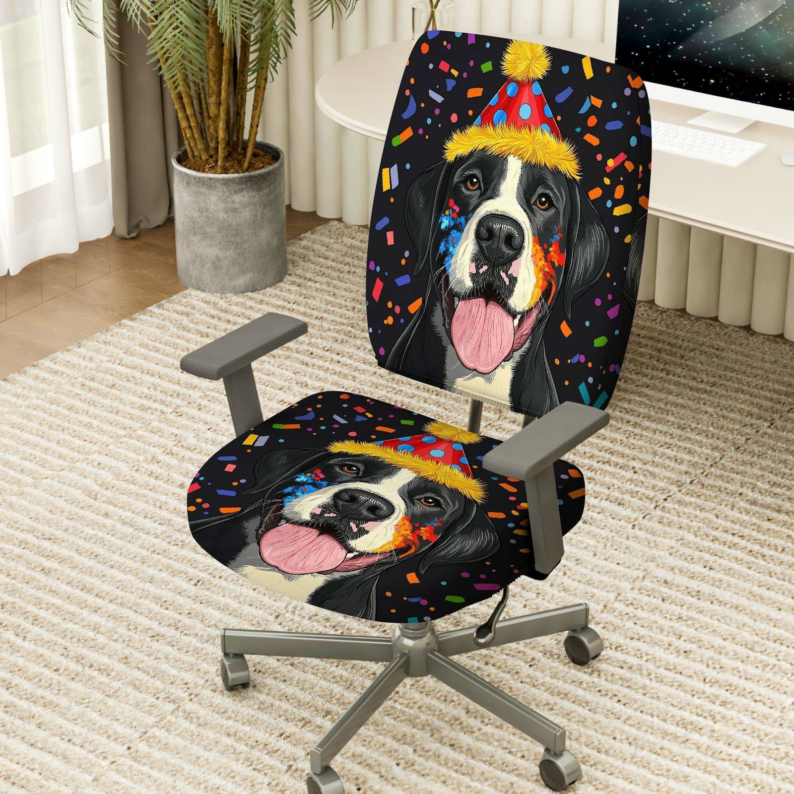 2-Piece Dog Birthday Party Celebration Colorful Festive  Computer Chair Cover Set, Seat and Backrest