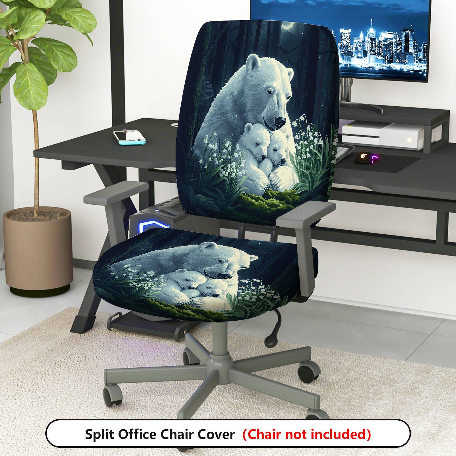 2-Piece Polar Bear Family Forest Night Scandinavian Christmas  Computer Chair Cover Set, Seat and Backrest