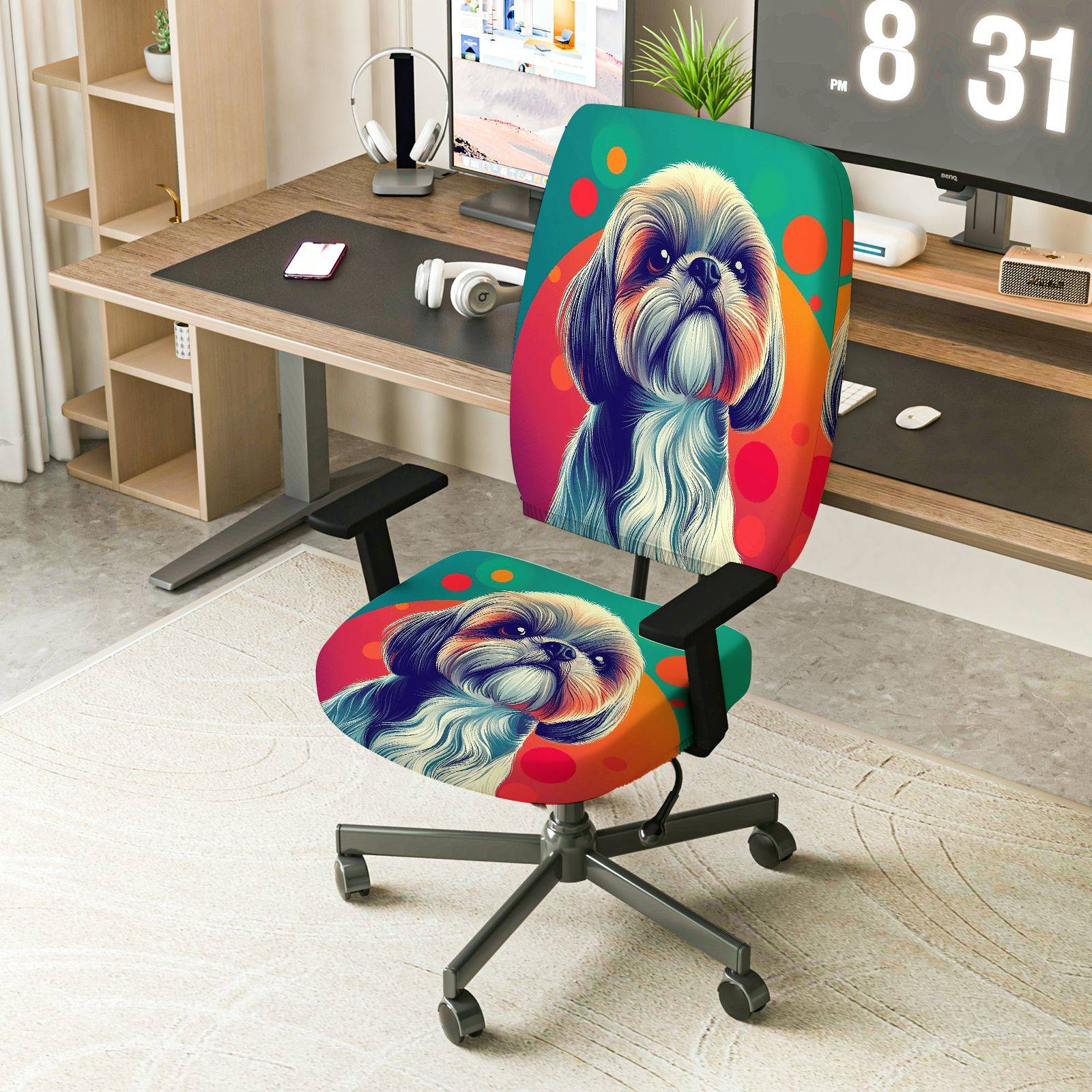 2-Piece Colorful Dog Art Pattern Swivel  Computer Chair Cover Set, Seat and Backrest