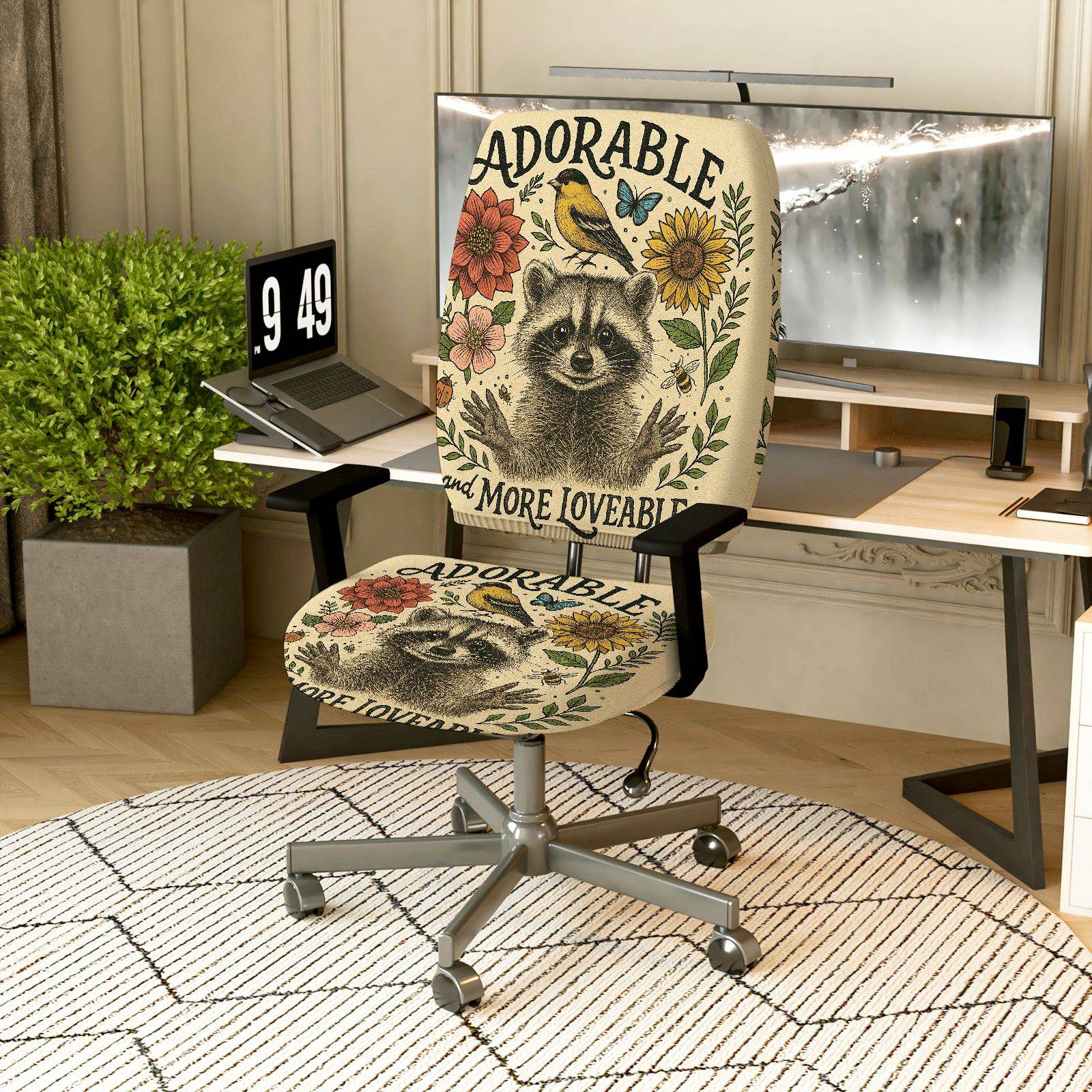 2-Piece Adorable Raccoon Floral Nature Animal  Computer Chair Cover Set, Seat and Backrest