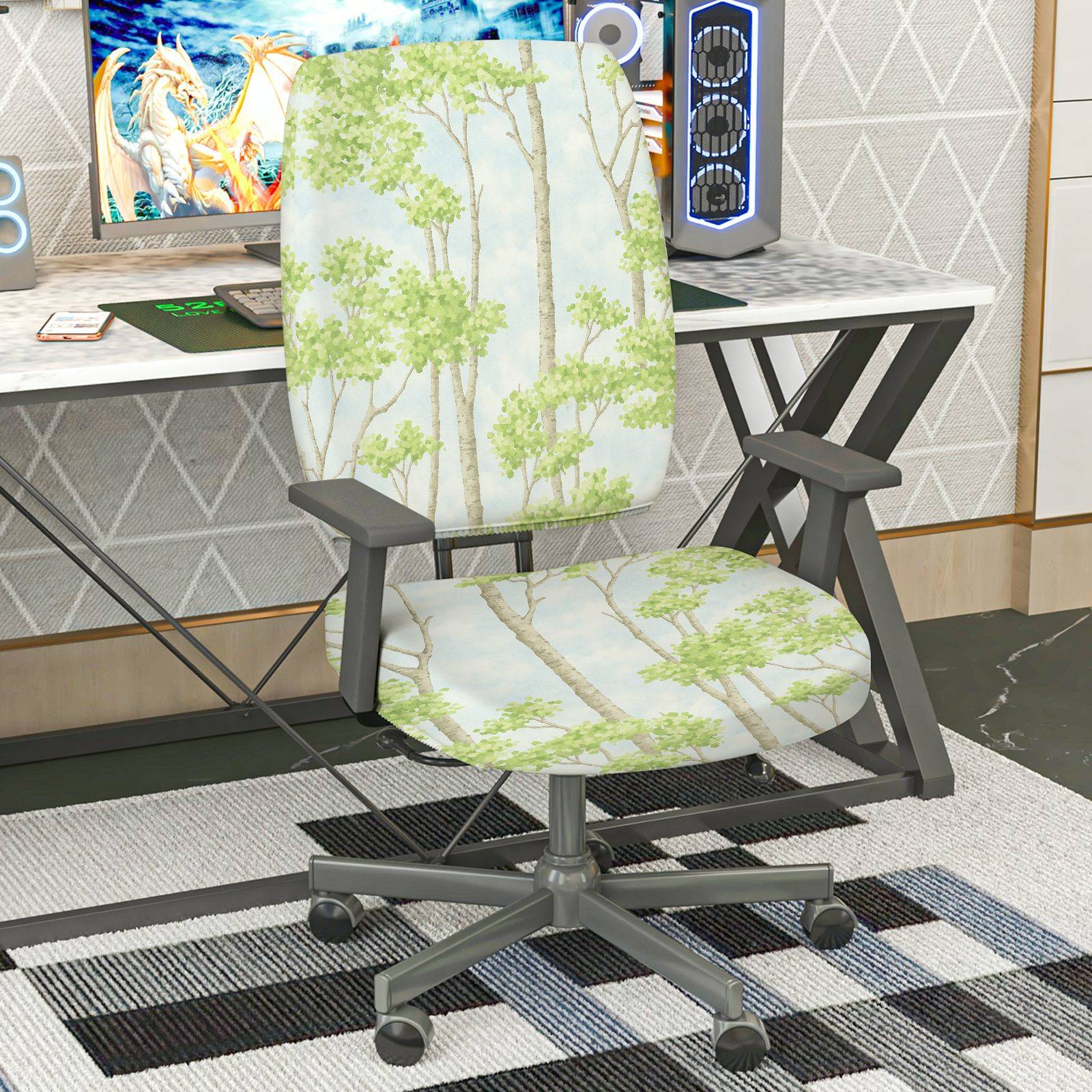 2-Piece Tree Sky Forest Green Nature  Computer Chair Cover Set, Seat and Backrest