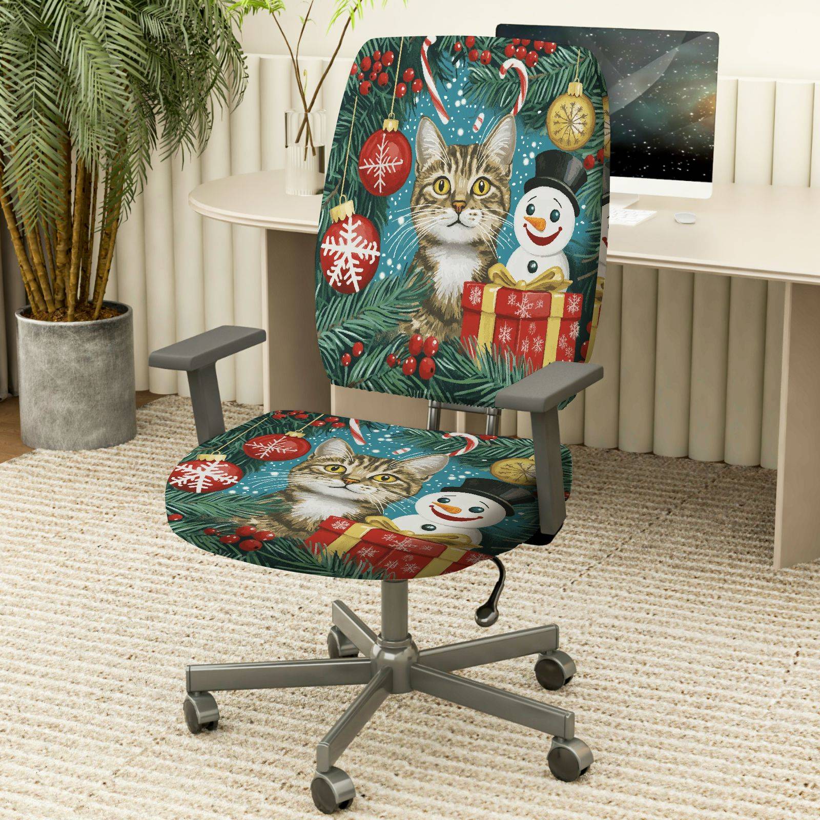 2-Piece Christmas Cat Snowman Gift Ornament  Computer Chair Cover Set, Seat and Backrest
