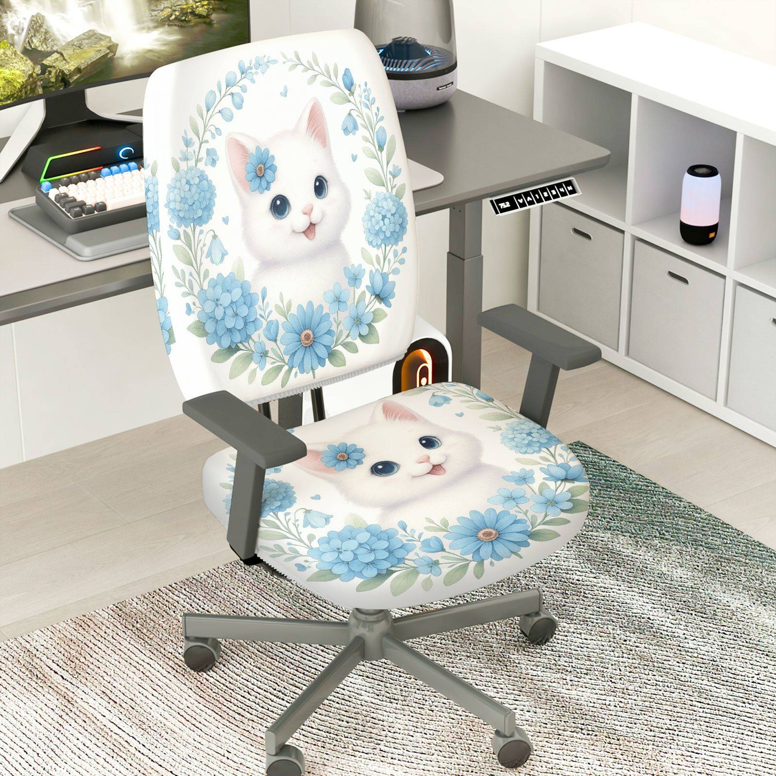 2-Piece Cute Floral Cat Pattern Printed  Computer Chair Cover Set, Seat and Backrest