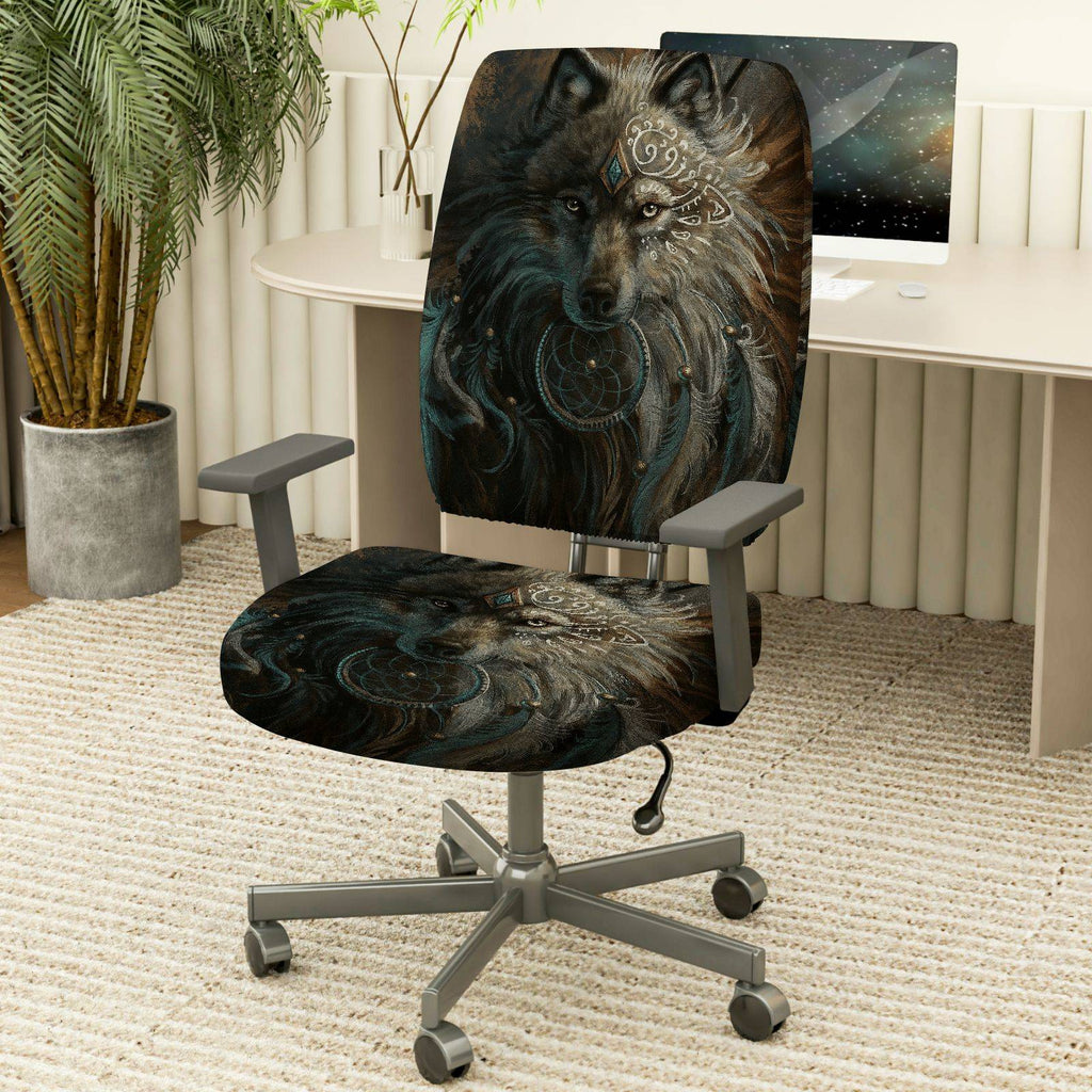 2-Piece Wolf Tribal Dreamcatcher Artistic Mystical  Computer Chair Cover Set, Seat and Backrest