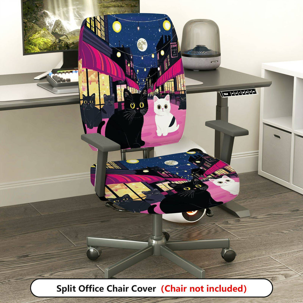 2-Piece Cat Night City Festival Decorative Moon  Computer Chair Cover Set, Seat and Backrest