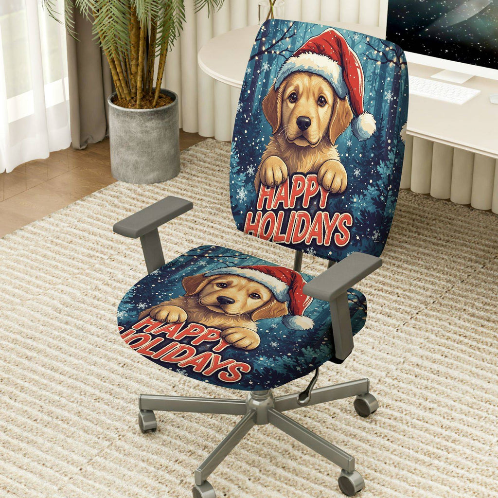 2-Piece Seasonal Puppy Christmas Dog Santa Happy Holidays  Computer Chair Cover Set, Seat and Backrest