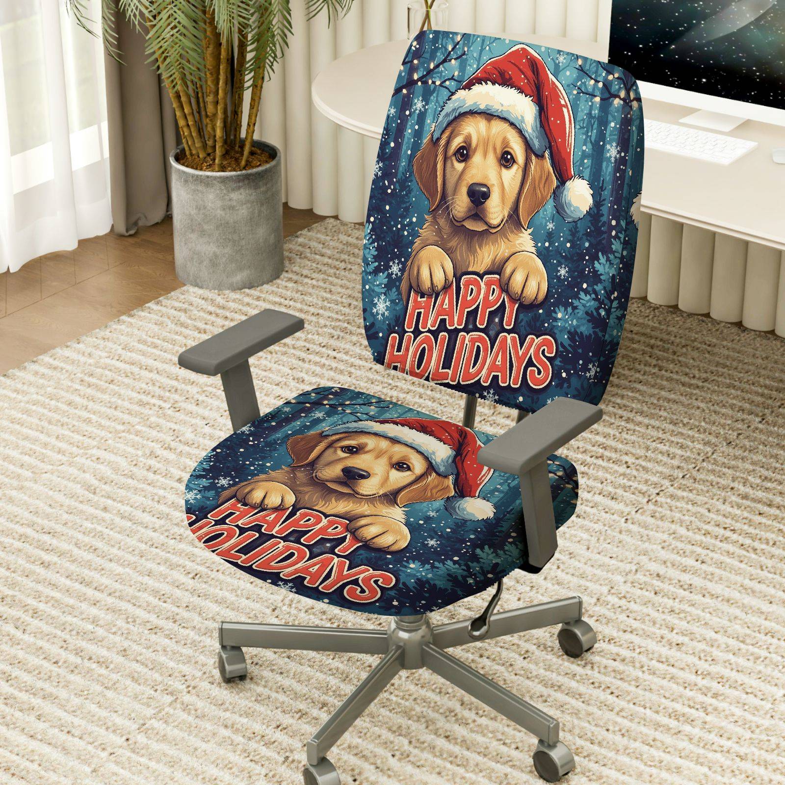 2-Piece Seasonal Puppy Christmas Dog Santa Happy Holidays  Computer Chair Cover Set, Seat and Backrest
