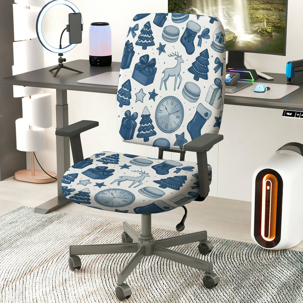 2-Piece Christmas Reindeer Clock Gift Tree Stocking  Computer Chair Cover Set, Seat and Backrest