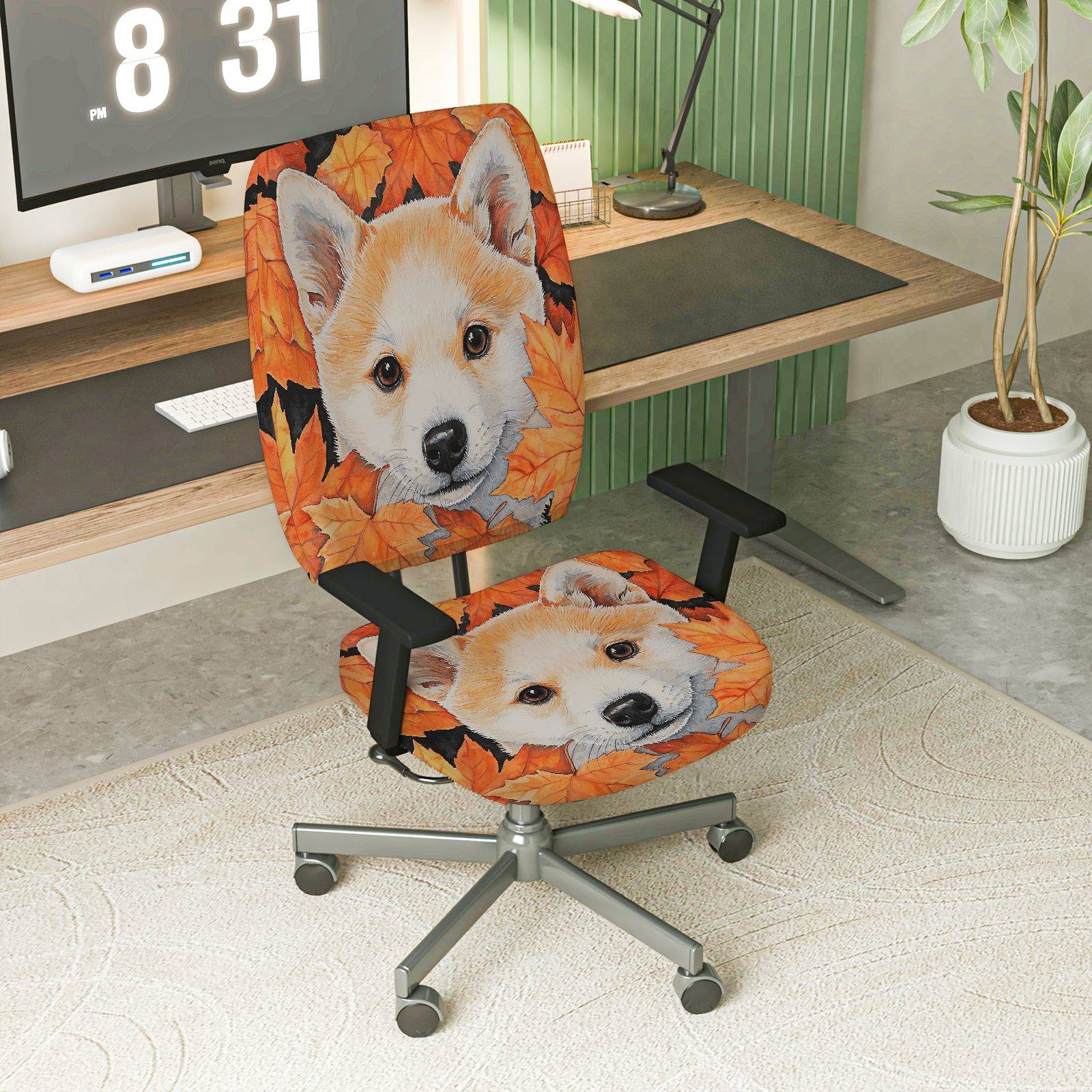2-Piece Dog Leaf Autumn Animal Nature Home  Computer Chair Cover Set, Seat and Backrest