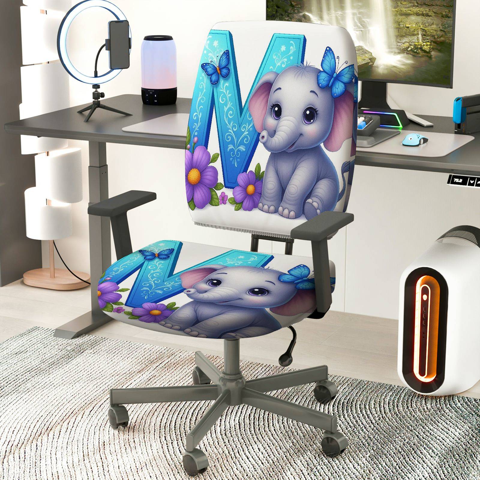 2-Piece Cute Elephant Butterfly Flower  Computer Chair Cover Set, Seat and Backrest