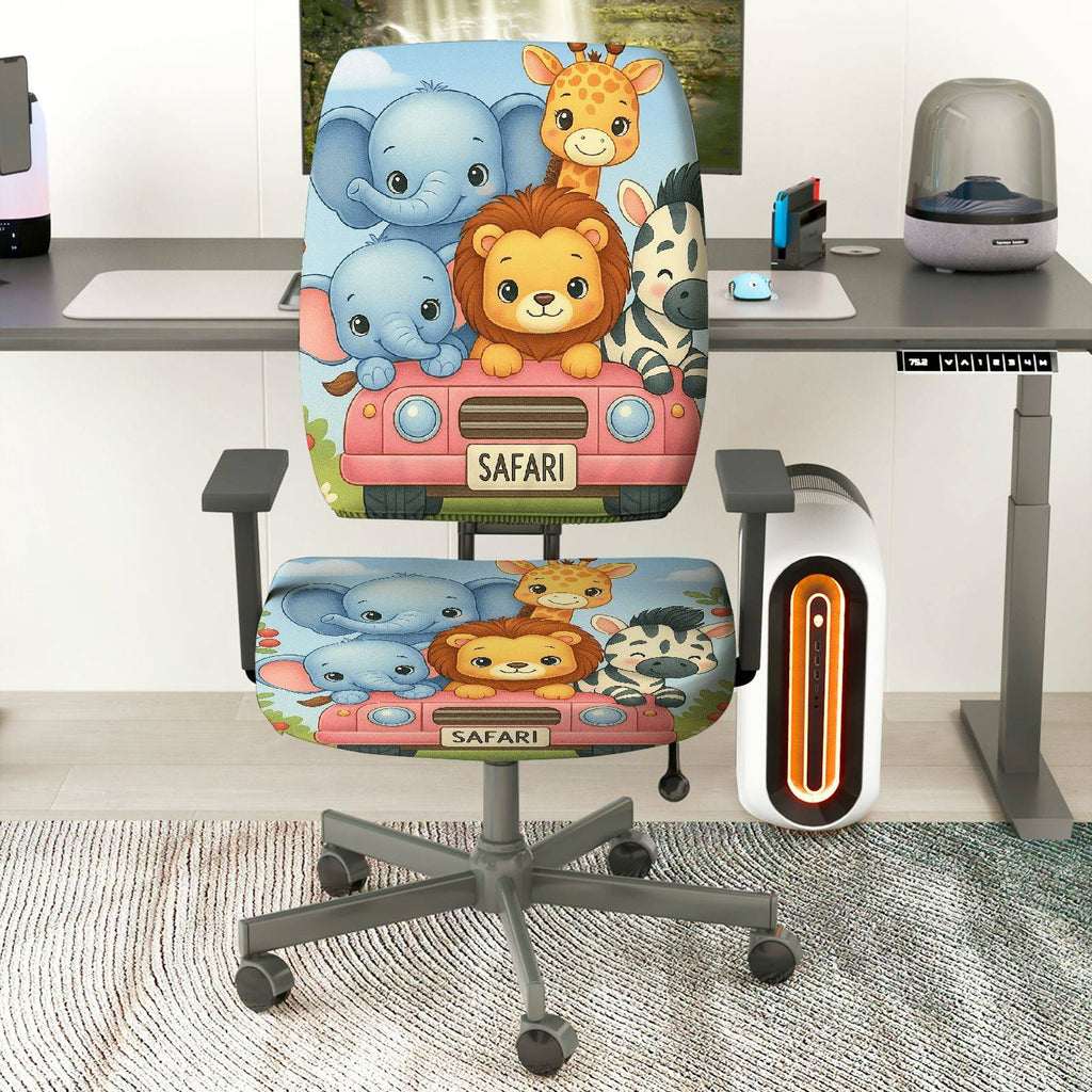 2-Piece Safari Animal Cute Colorful  Computer Chair Cover Set, Seat and Backrest