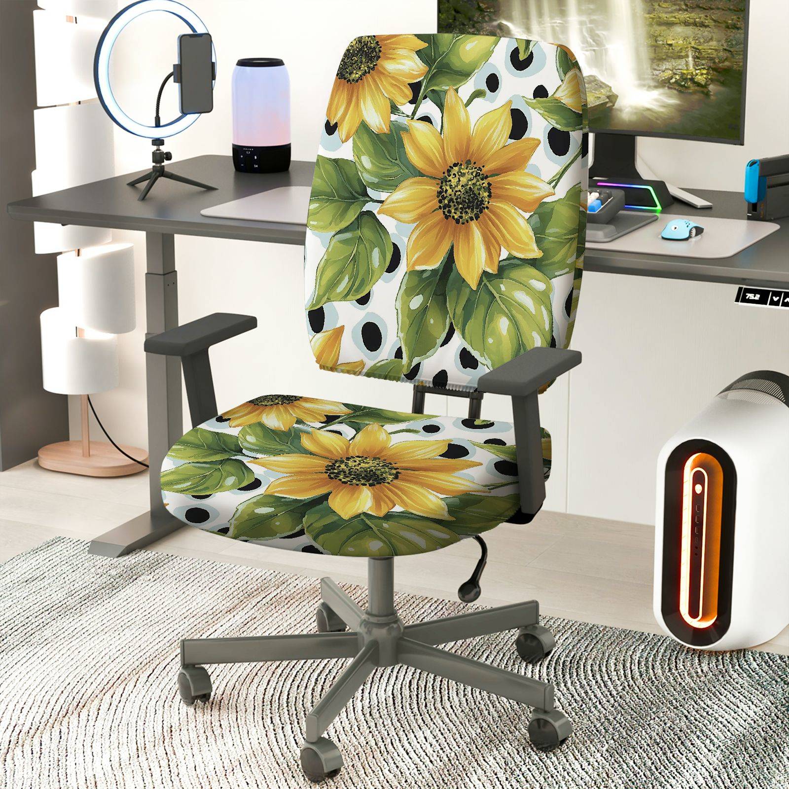 2-Piece Sunflower Green Leaves Dot Floral  Computer Chair Cover Set, Seat and Backrest