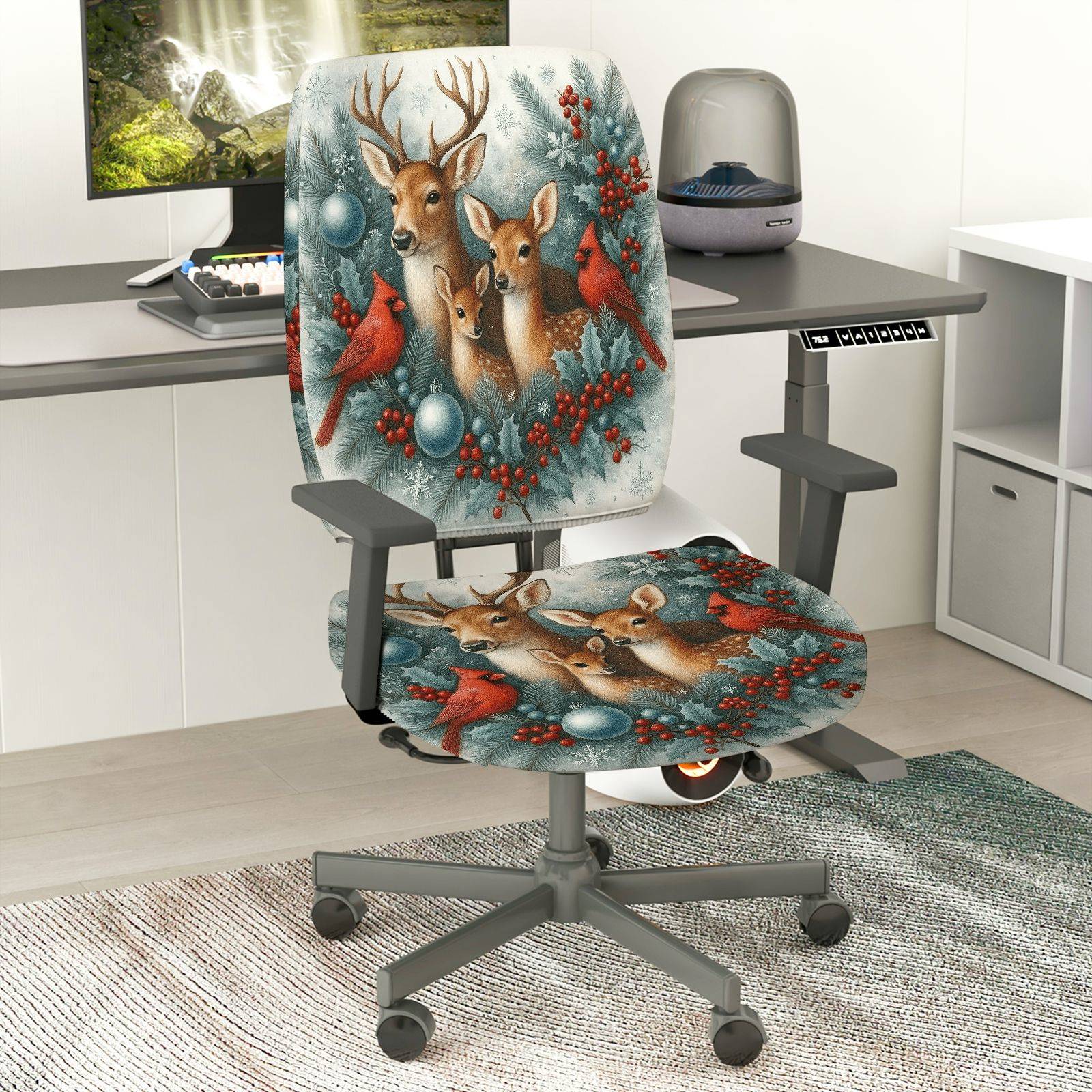 2-Piece Christmas Deer Cardinal Berry Snow Decor  Computer Chair Cover Set, Seat and Backrest