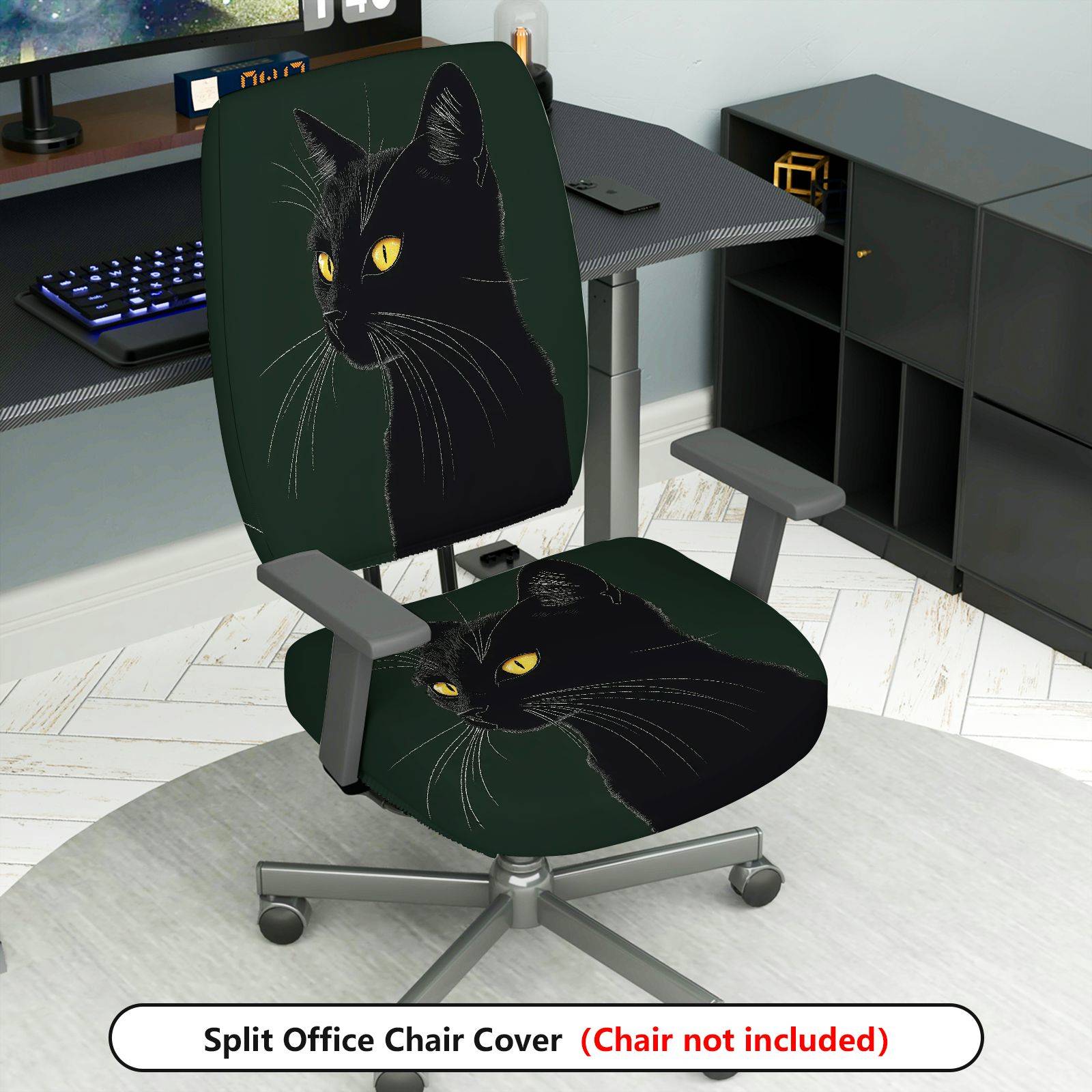 2-Piece Black Cat Animal Novelty Halloween Decorative  Computer Chair Cover Set, Seat and Backrest