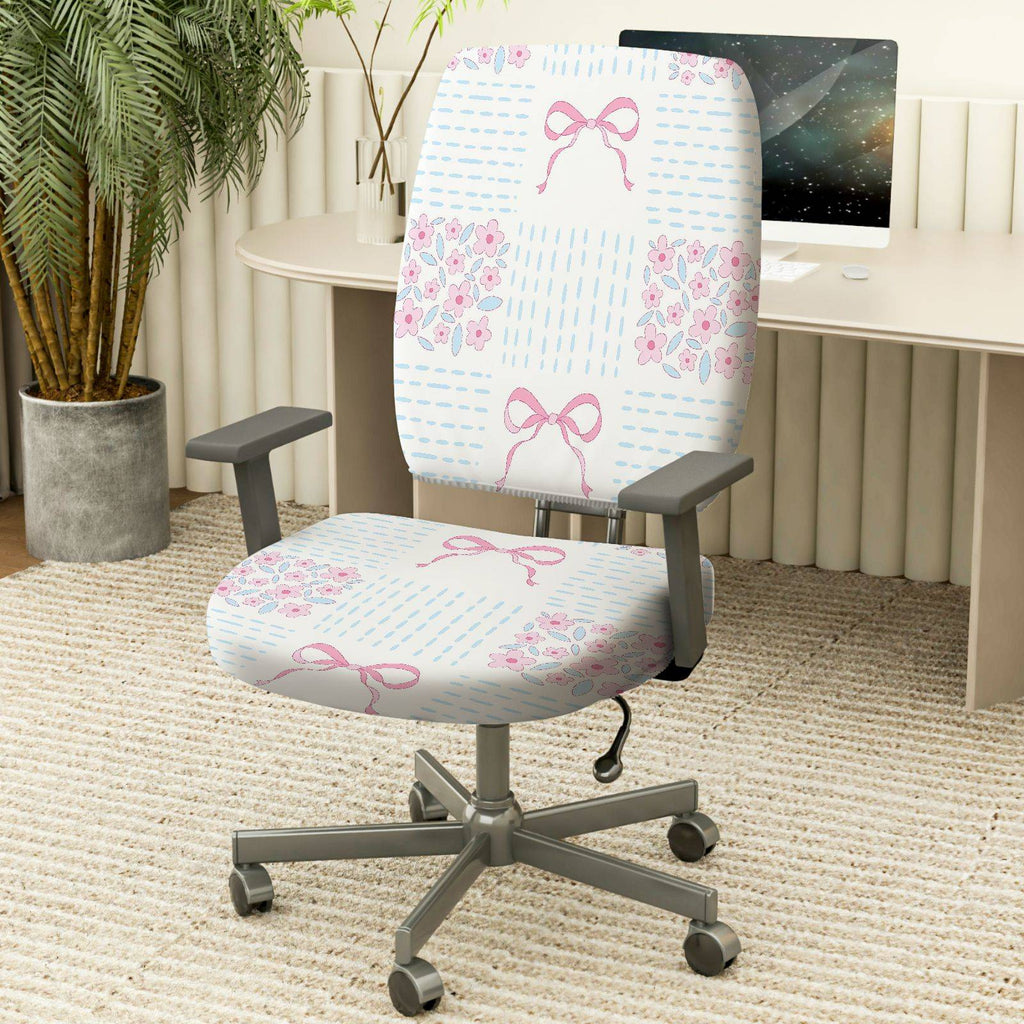 2-Piece Floral Bowknot Pastel Cute Decorative  Computer Chair Cover Set, Seat and Backrest