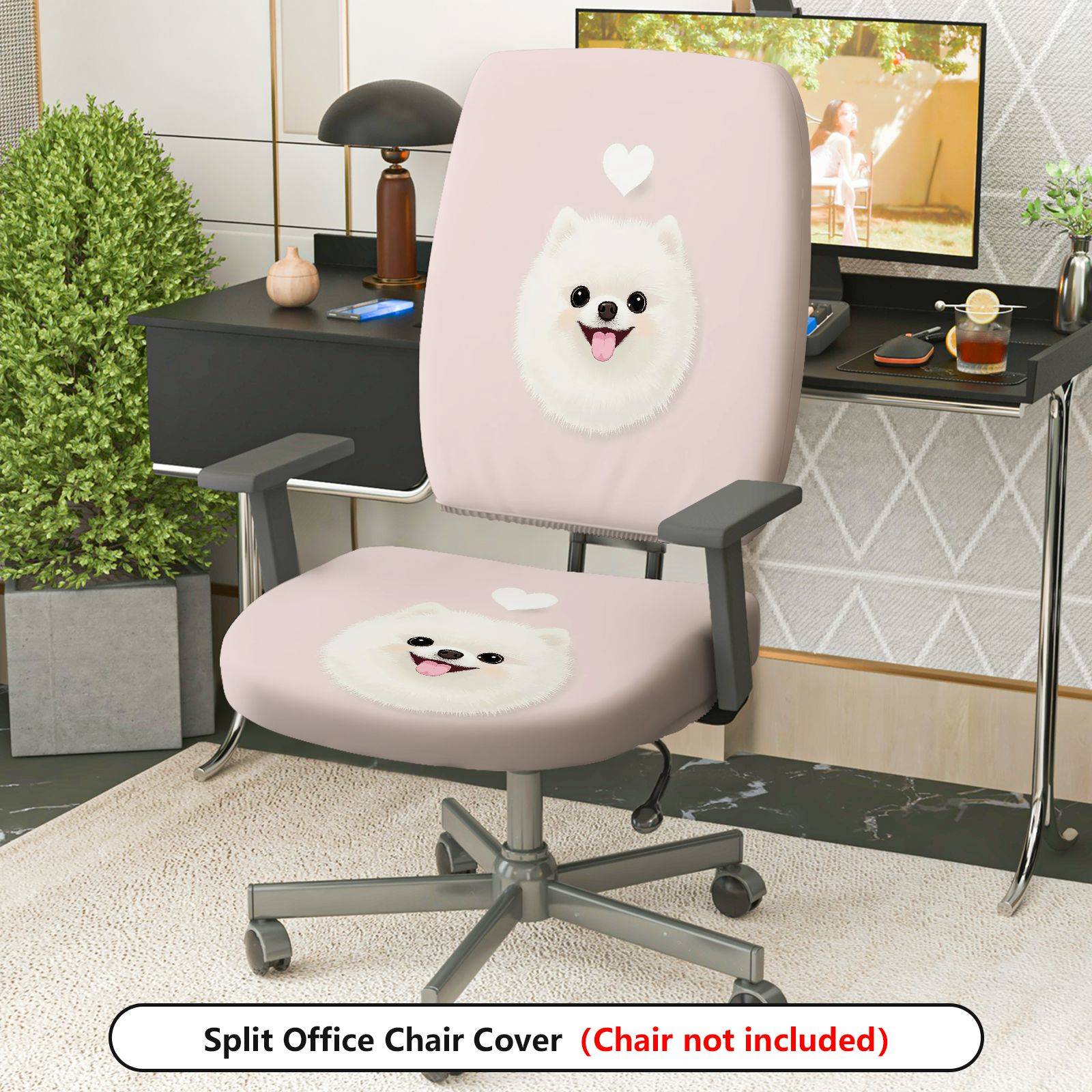 2-Piece Cute Dog Heart Pink Cozy Fun  Computer Chair Cover Set, Seat and Backrest