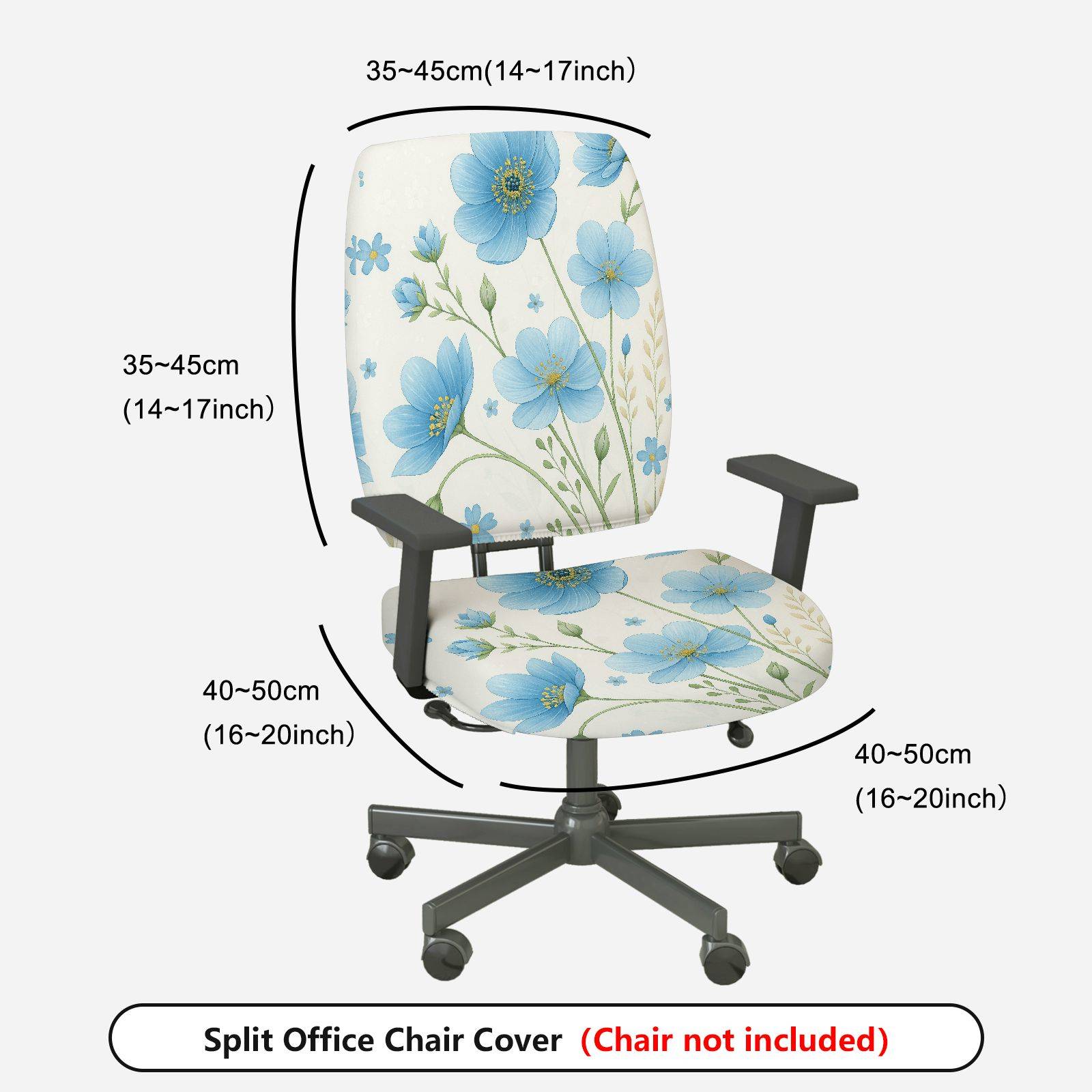 2-Piece Floral Pattern Blue Flowers  Computer Chair Cover Set, Seat and Backrest