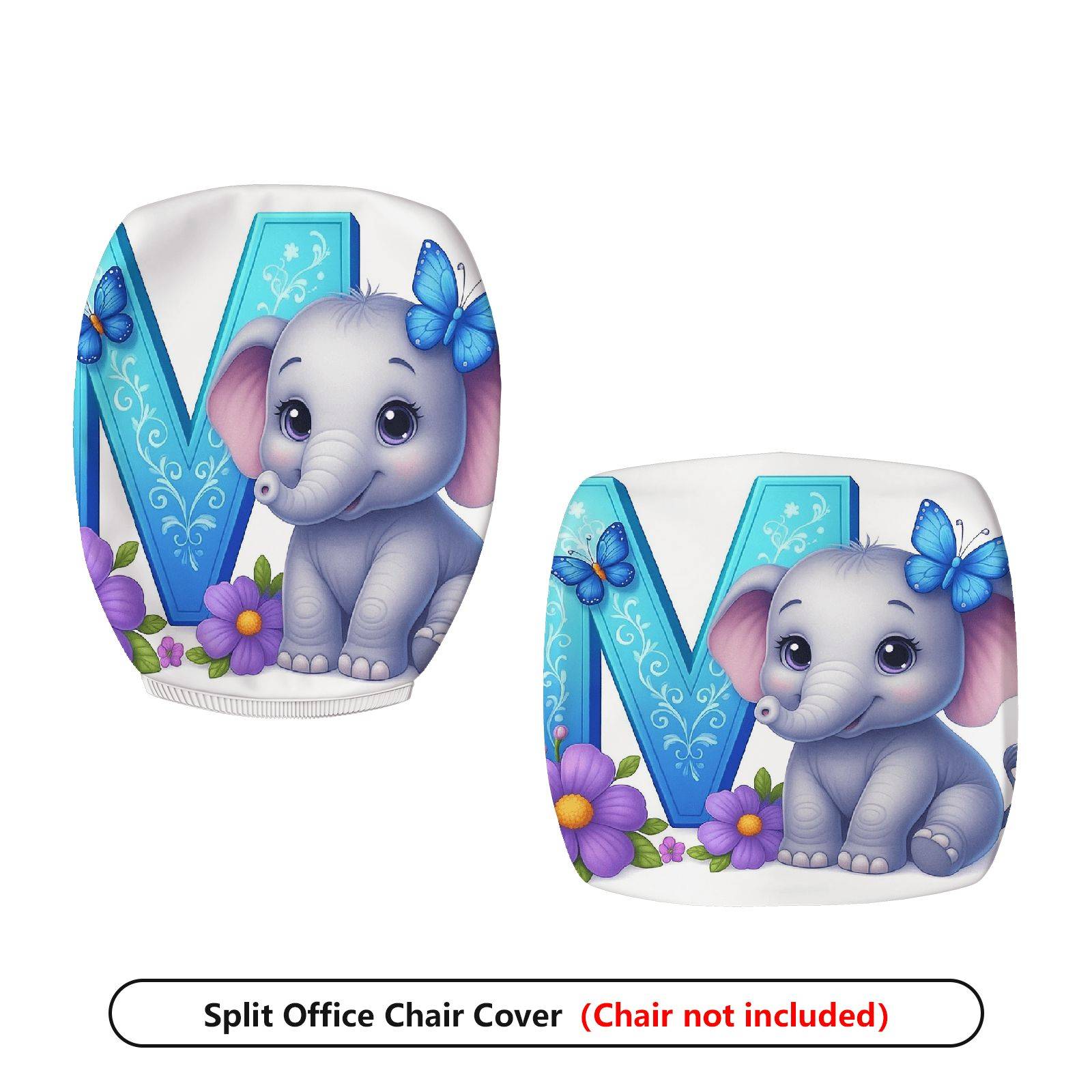 2-Piece Cute Elephant Butterfly Flower  Computer Chair Cover Set, Seat and Backrest