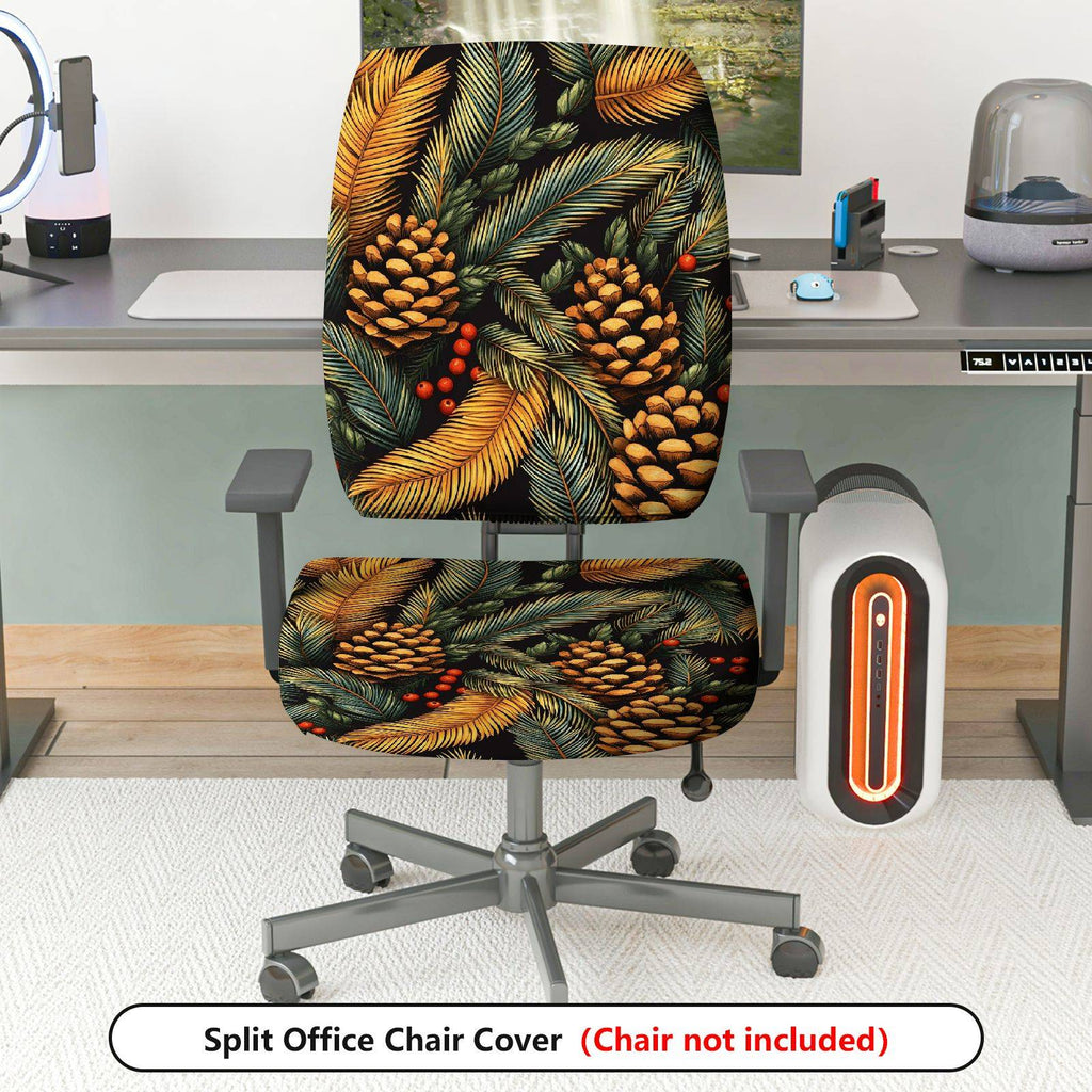 2-Piece Christmas Pinecone Festive Leaf Holiday Seasonal  Computer Chair Cover Set, Seat and Backrest