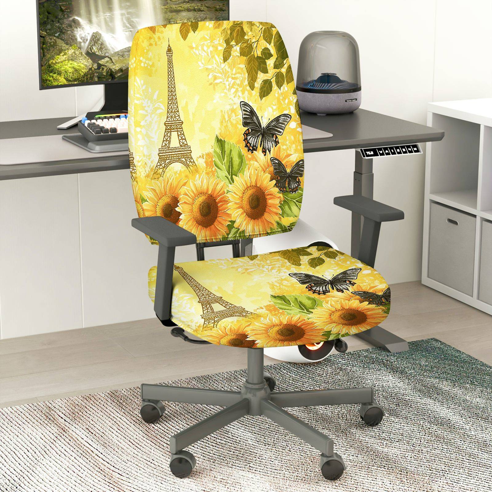 2-Piece Sunflower Butterfly Eiffel Tower Yellow Green  Computer Chair Cover Set, Seat and Backrest