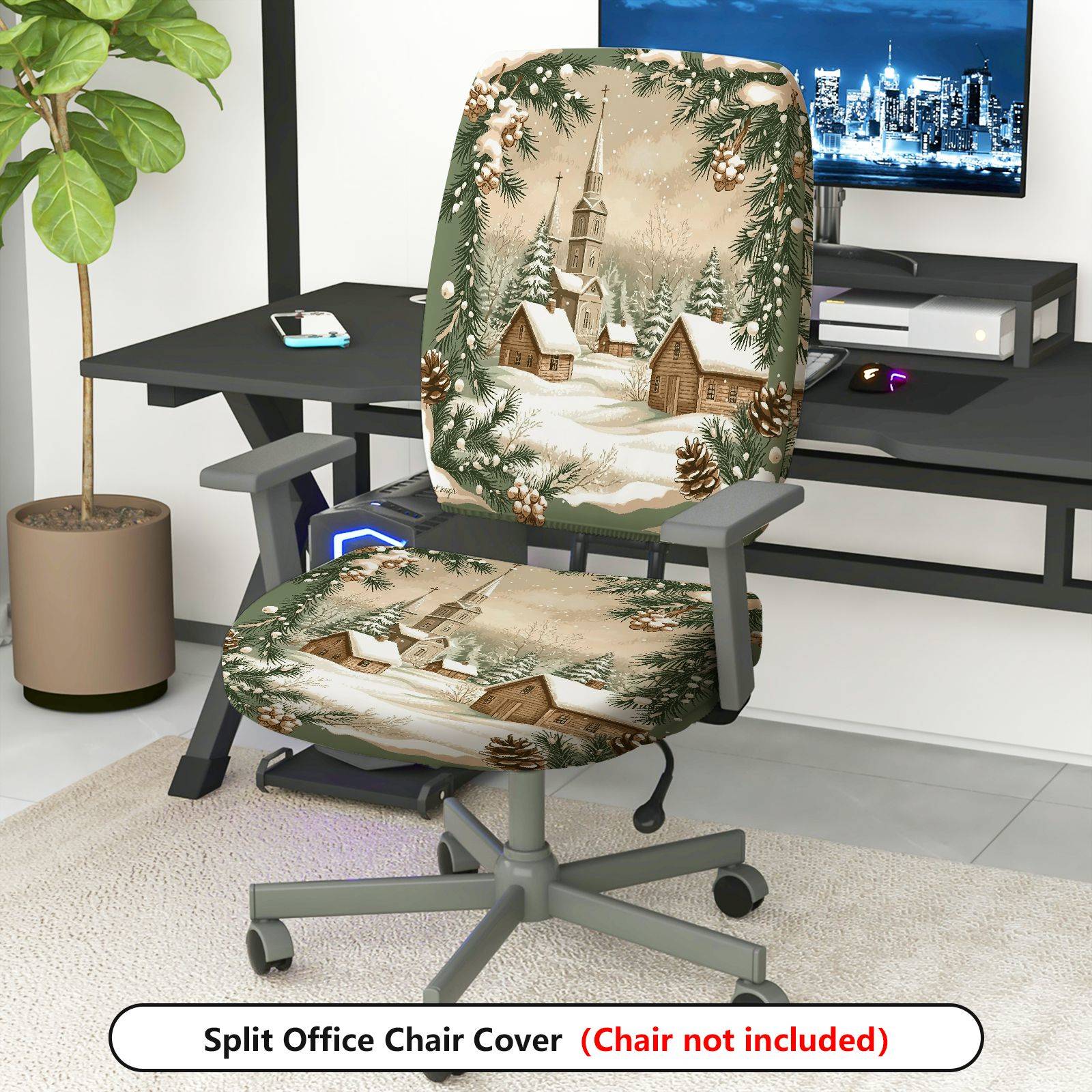 2-Piece Christmas Winter Cottage Pine Snow  Computer Chair Cover Set, Seat and Backrest