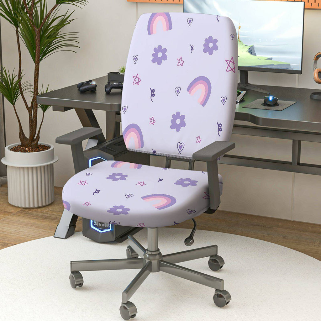 2-Piece Rainbow Flower Heart Star Purple  Computer Chair Cover Set, Seat and Backrest