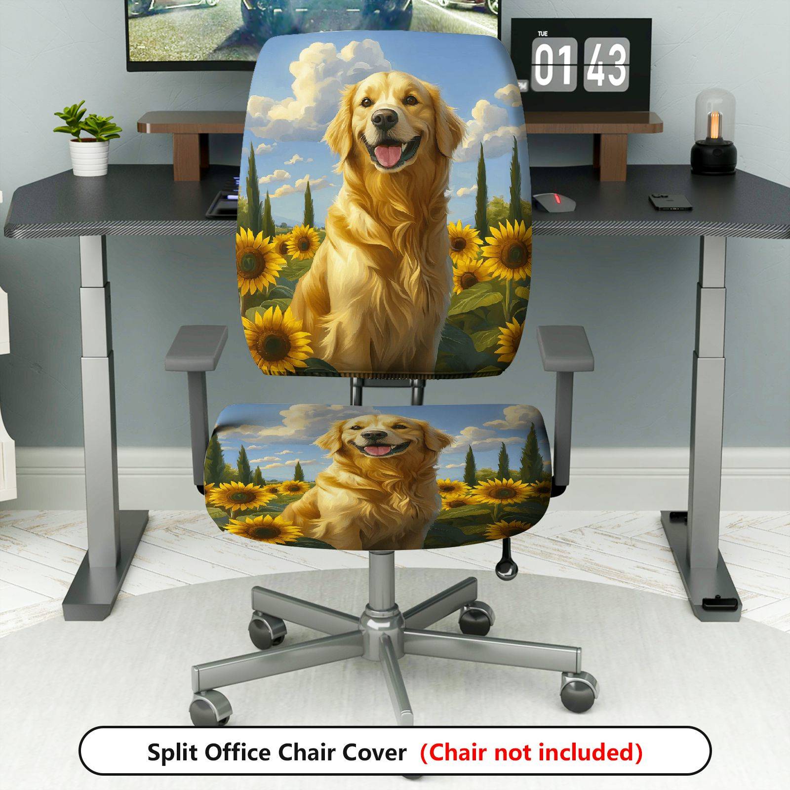 2-Piece Golden Retriever Sunflower Sky Landscape  Computer Chair Cover Set, Seat and Backrest