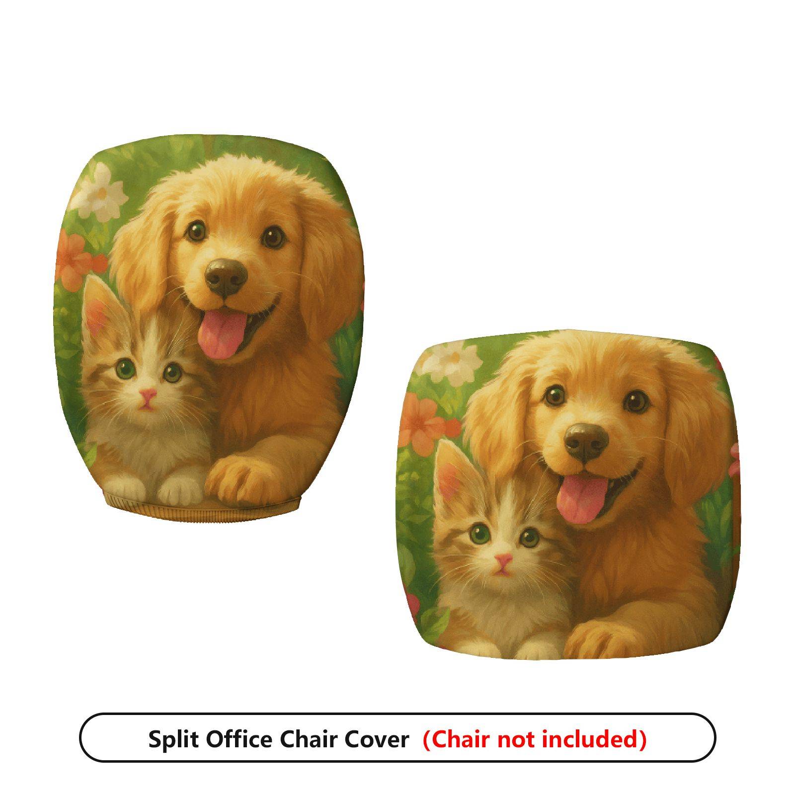 2-Piece Floral Dog Animal Green Pattern  Computer Chair Cover Set, Seat and Backrest