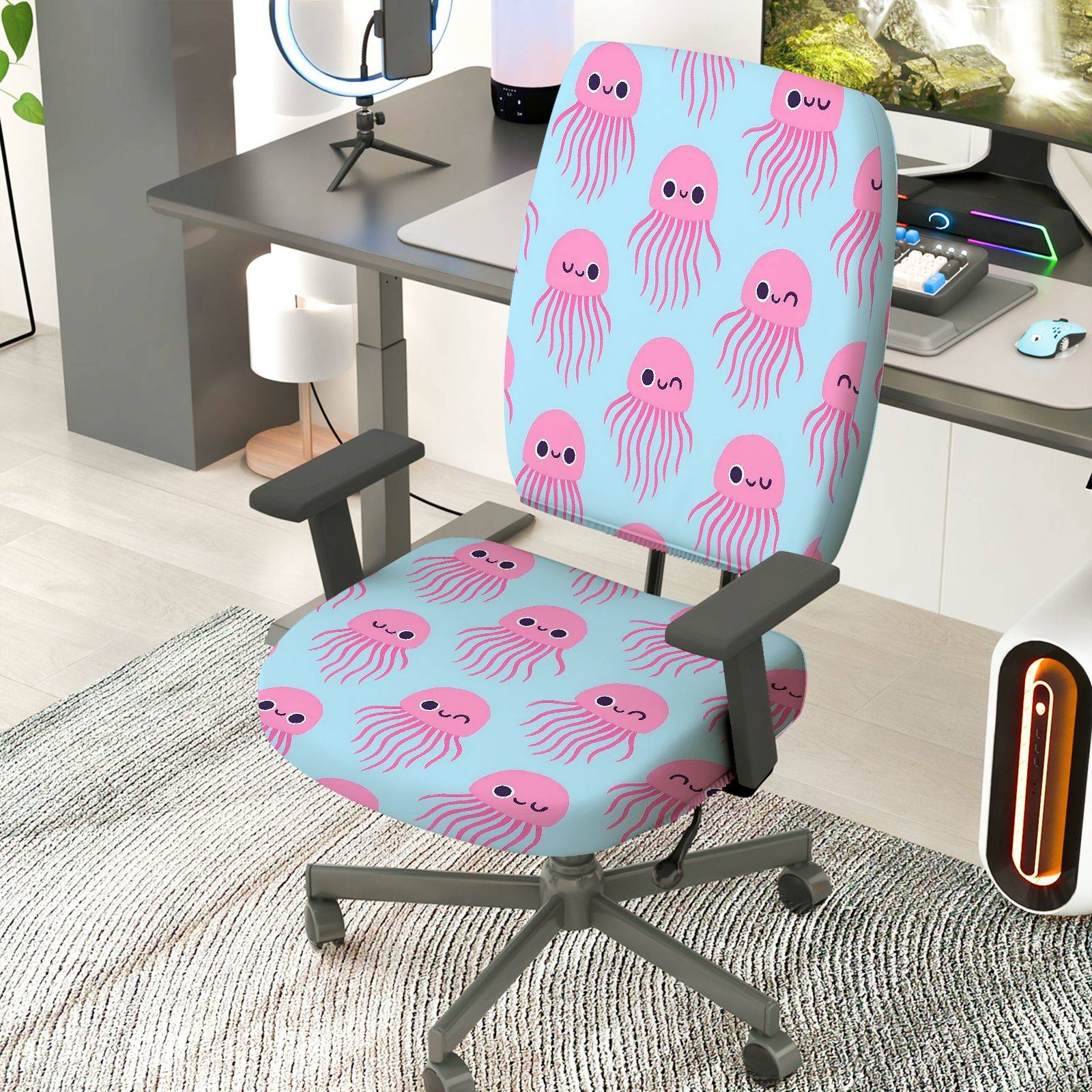 2-Piece Cute Jellyfish Pink Blue  Computer Chair Cover Set, Seat and Backrest