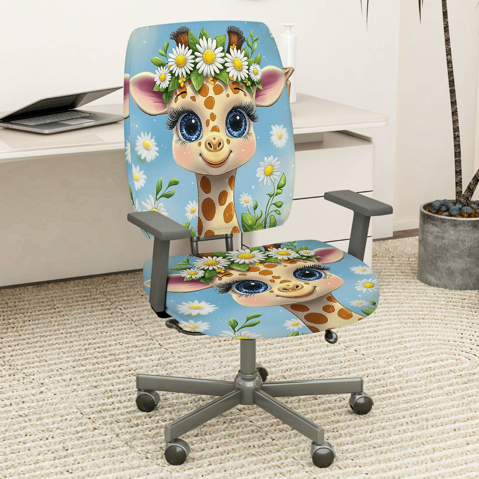 2-Piece Giraffe Flower Cute Bright Adorable  Computer Chair Cover Set, Seat and Backrest