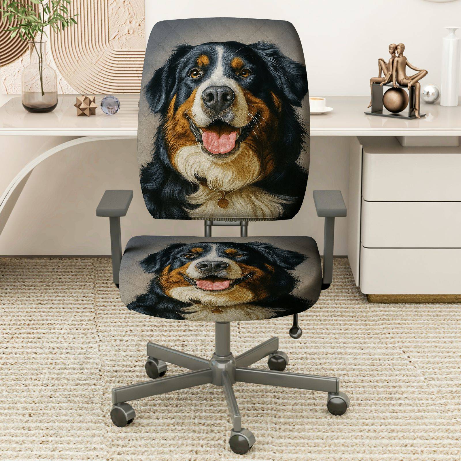 2-Piece Dog Print Animal Theme Cute Home  Computer Chair Cover Set, Seat and Backrest