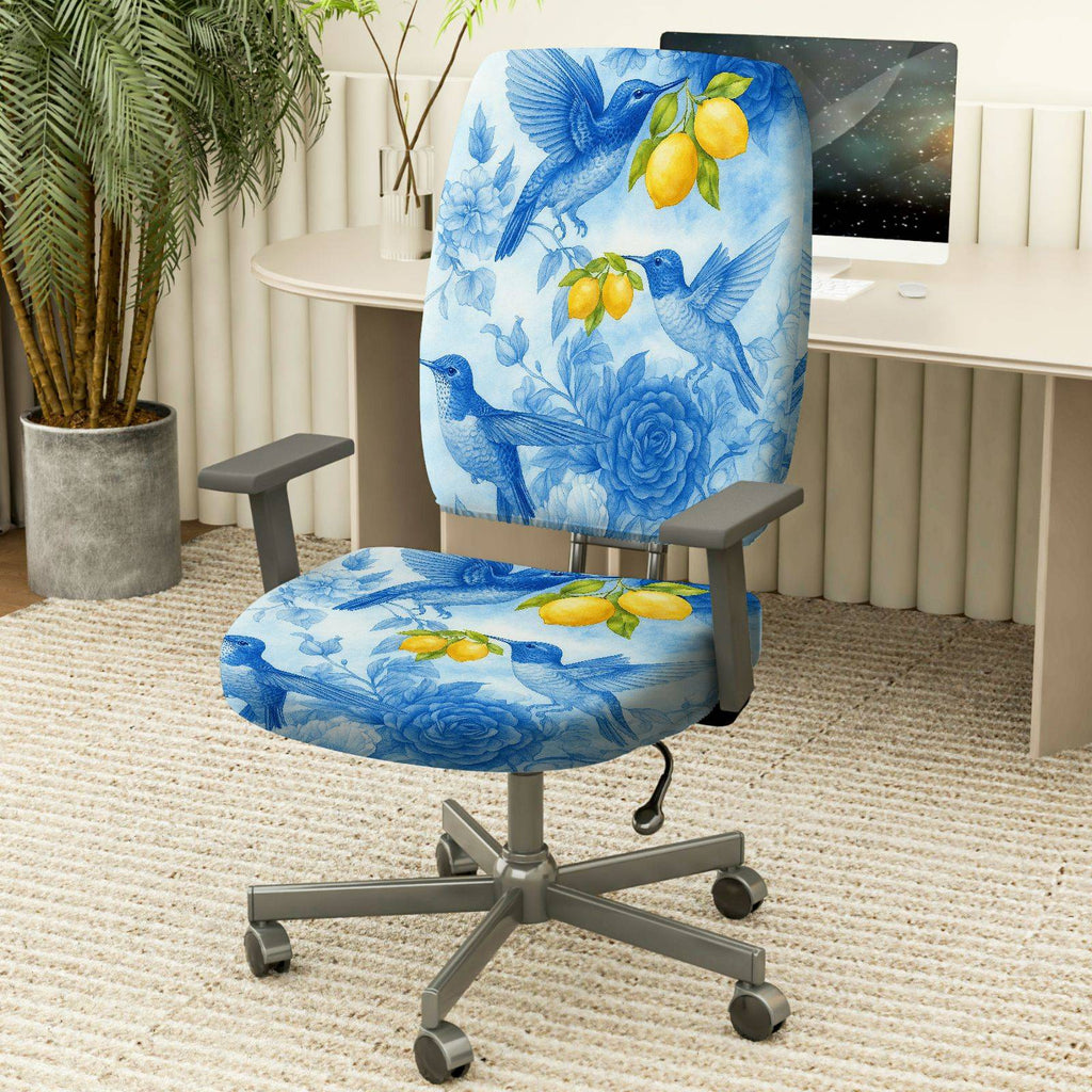 2-Piece Hummingbird Floral Lemon Nature Blue  Computer Chair Cover Set, Seat and Backrest