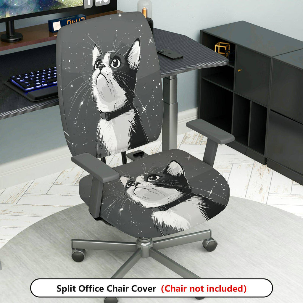 2-Piece Cute Cat Starry Sky Gray Black  Computer Chair Cover Set, Seat and Backrest