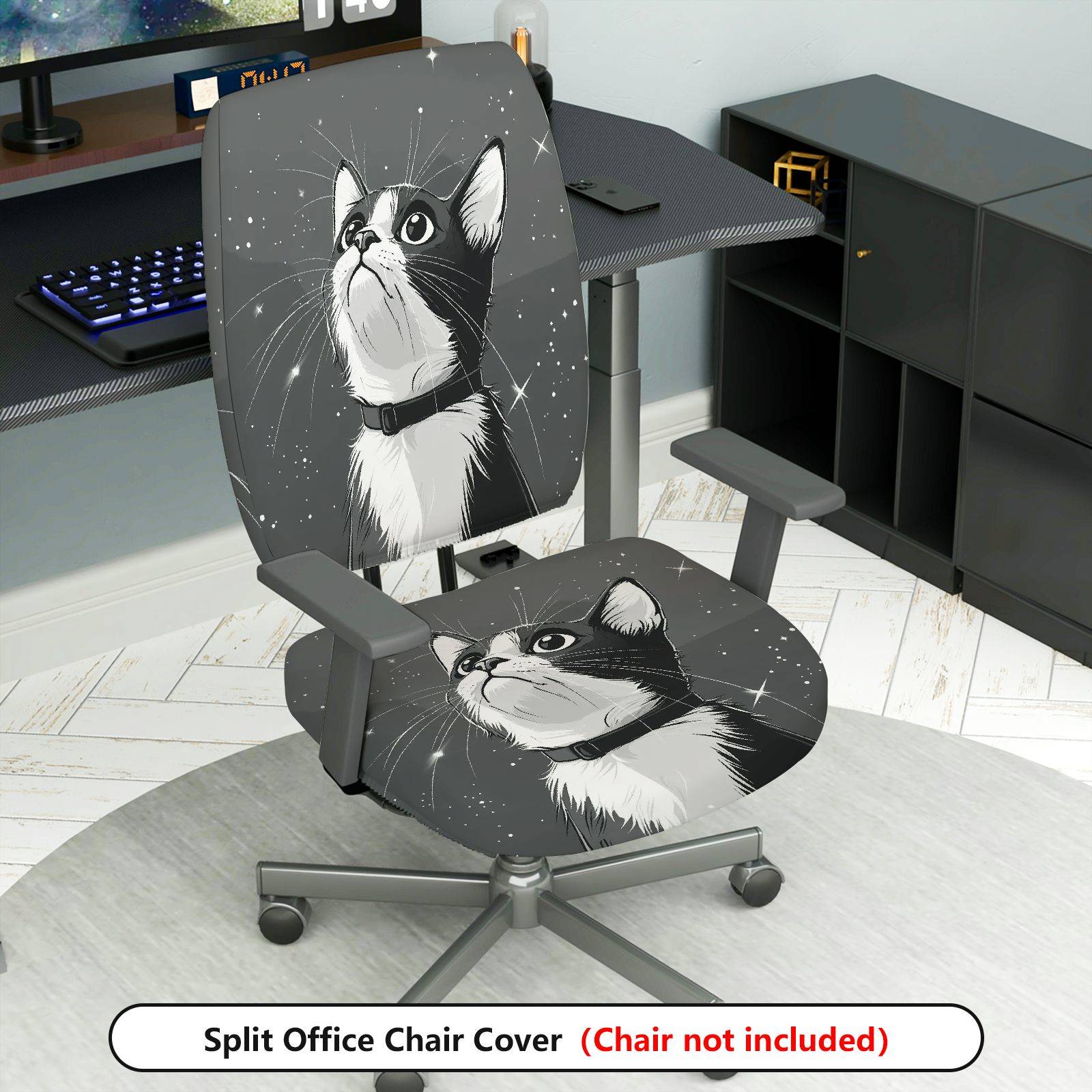 2-Piece Cute Cat Starry Sky Gray Black  Computer Chair Cover Set, Seat and Backrest