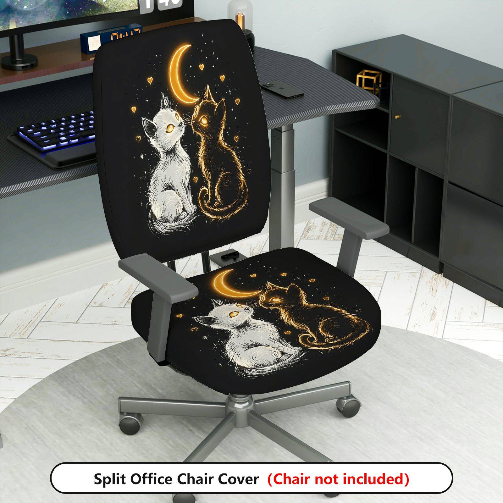 2-Piece Moonlight Cat Lovers Stars Hearts Cosmic  Computer Chair Cover Set, Seat and Backrest