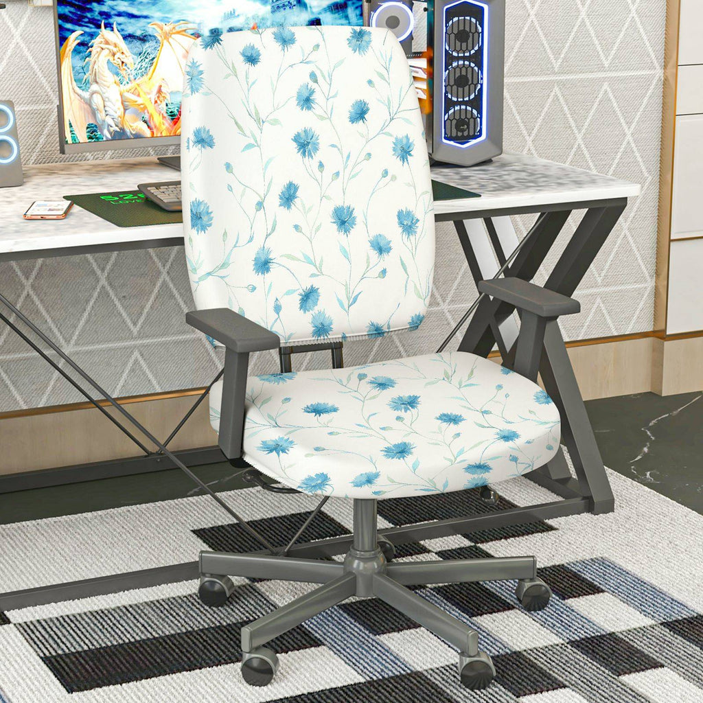 2-Piece Floral Pattern Blue Cornflower  Computer Chair Cover Set, Seat and Backrest