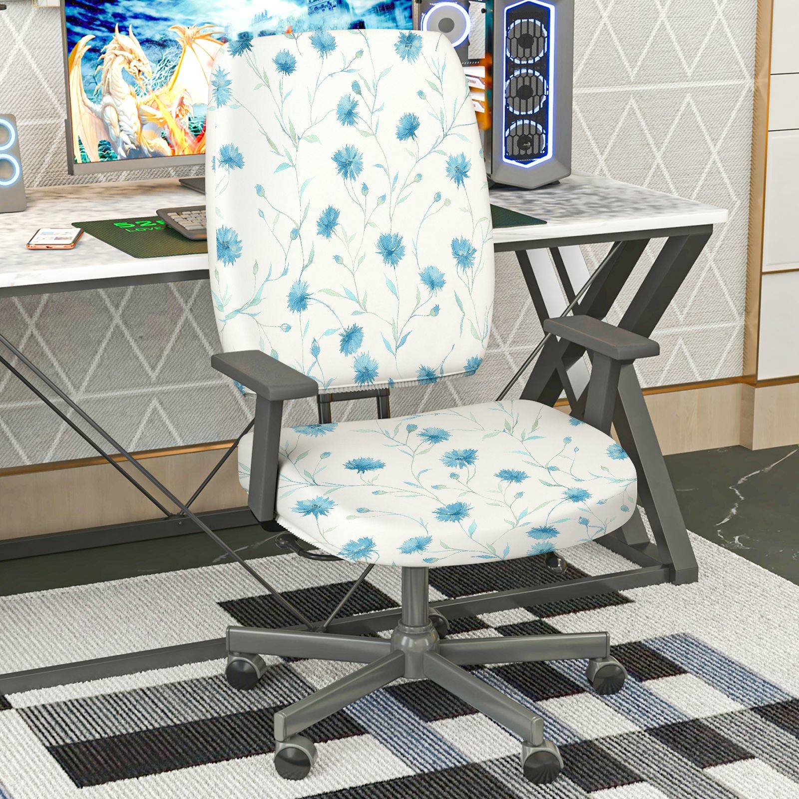 2-Piece Floral Pattern Blue Cornflower  Computer Chair Cover Set, Seat and Backrest