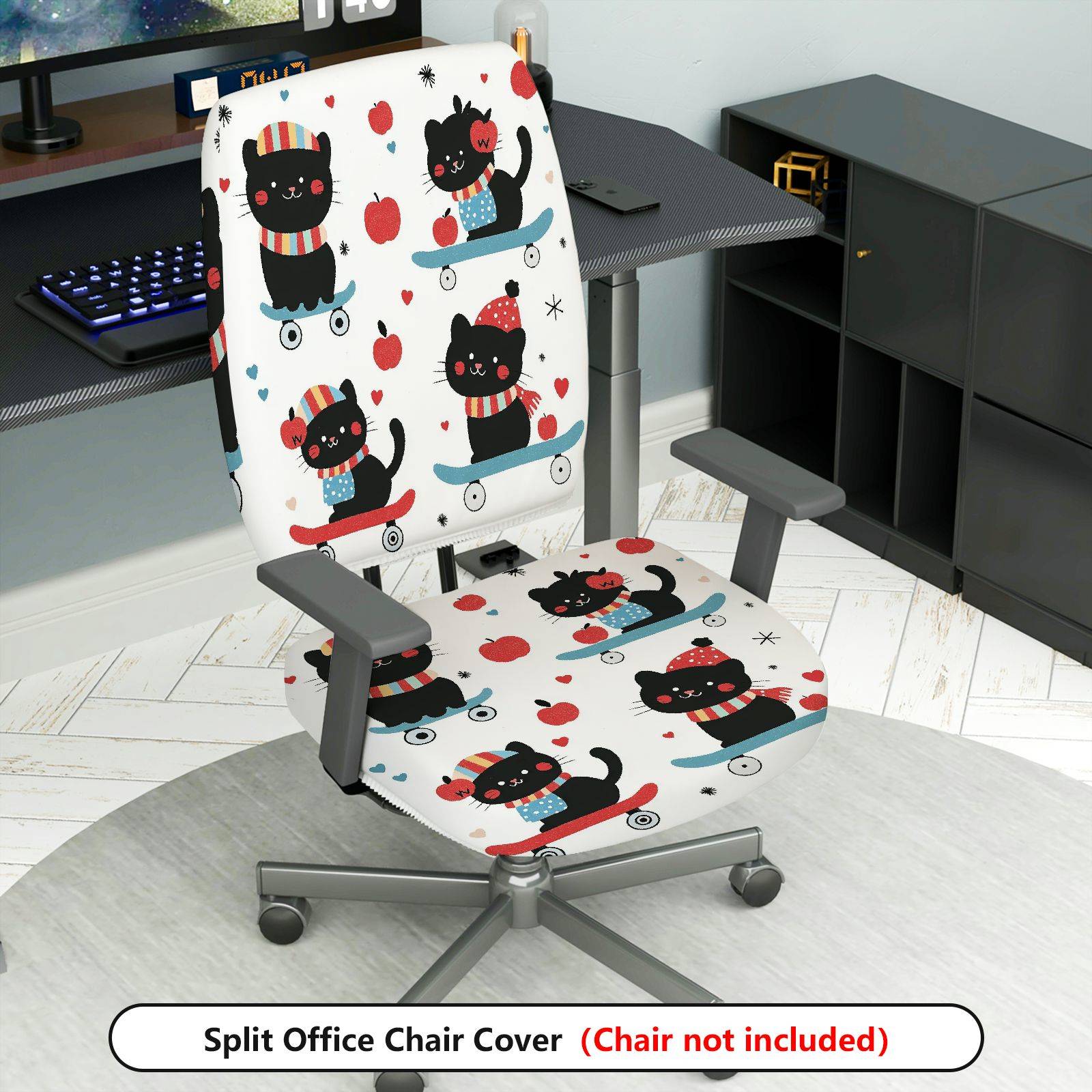 2-Piece Cute Skating Cat Apple Pattern  Computer Chair Cover Set, Seat and Backrest