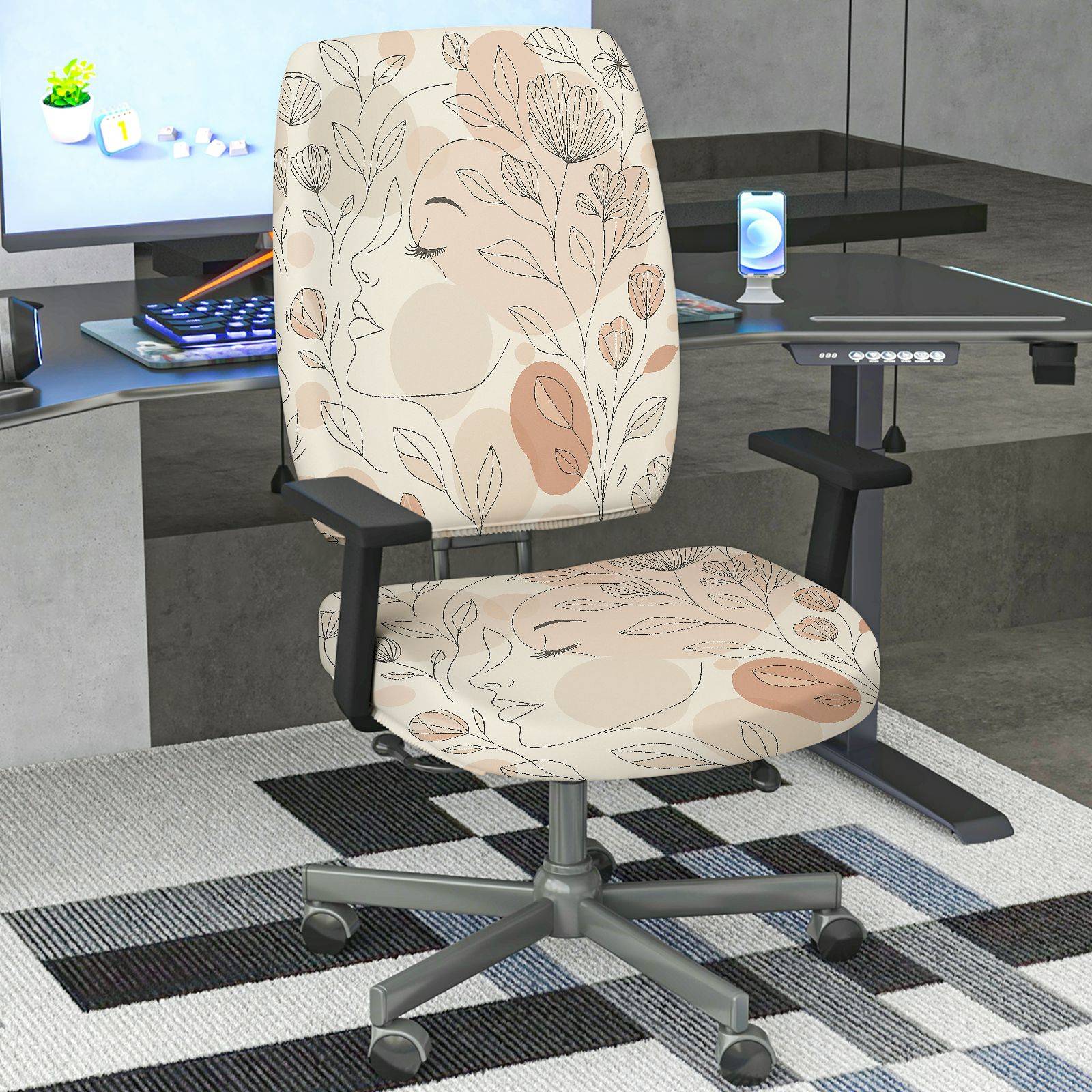 2-Piece Abstract Face Line Art Botanical Floral Modern  Computer Chair Cover Set, Seat and Backrest